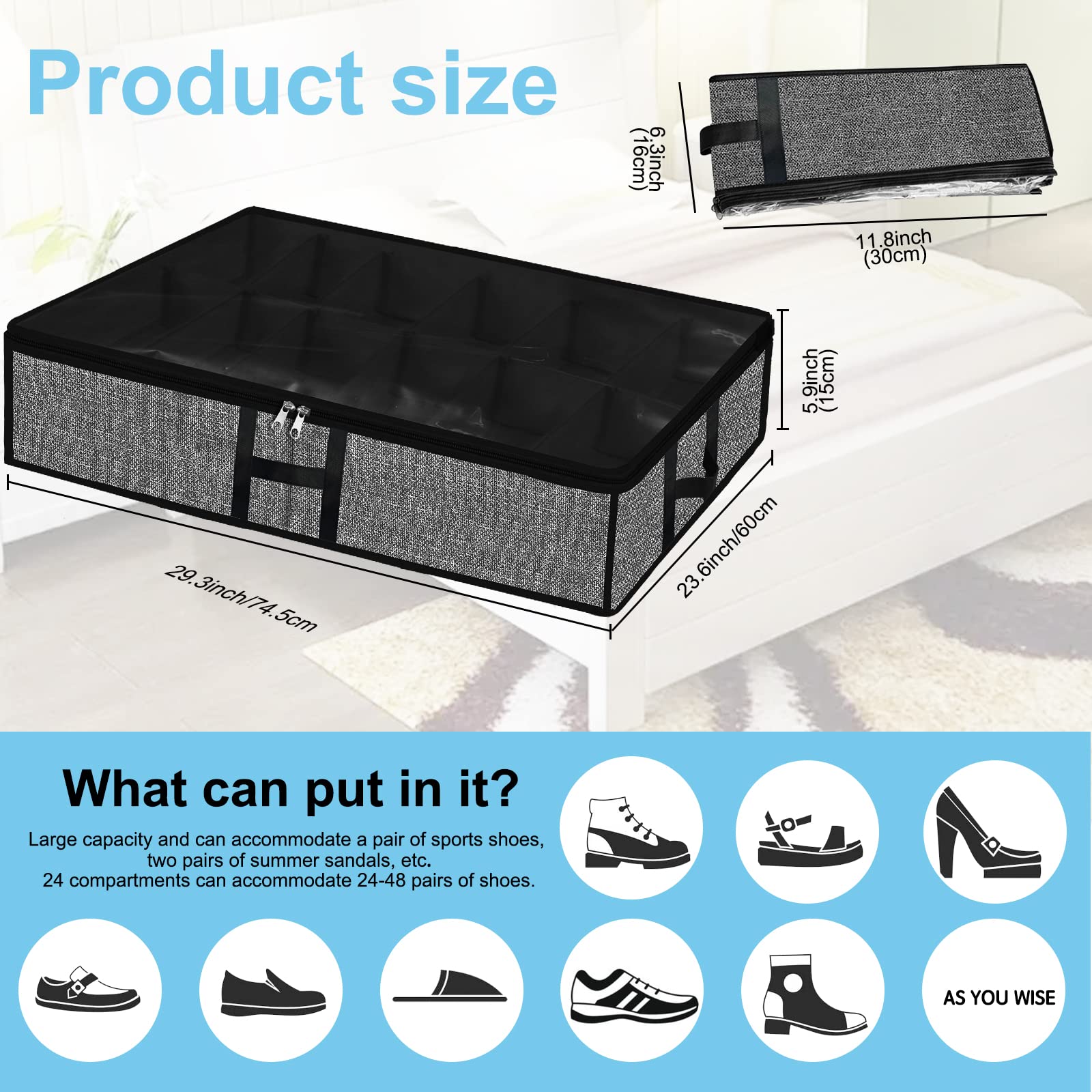 Set di 2 contenitori per scarpe sotto il letto, per armadio, per 24 paia di scatole per scarpe sotto il letto, con manici robusti e finestra trasparente, porta scarpiera pieghevole, nero
