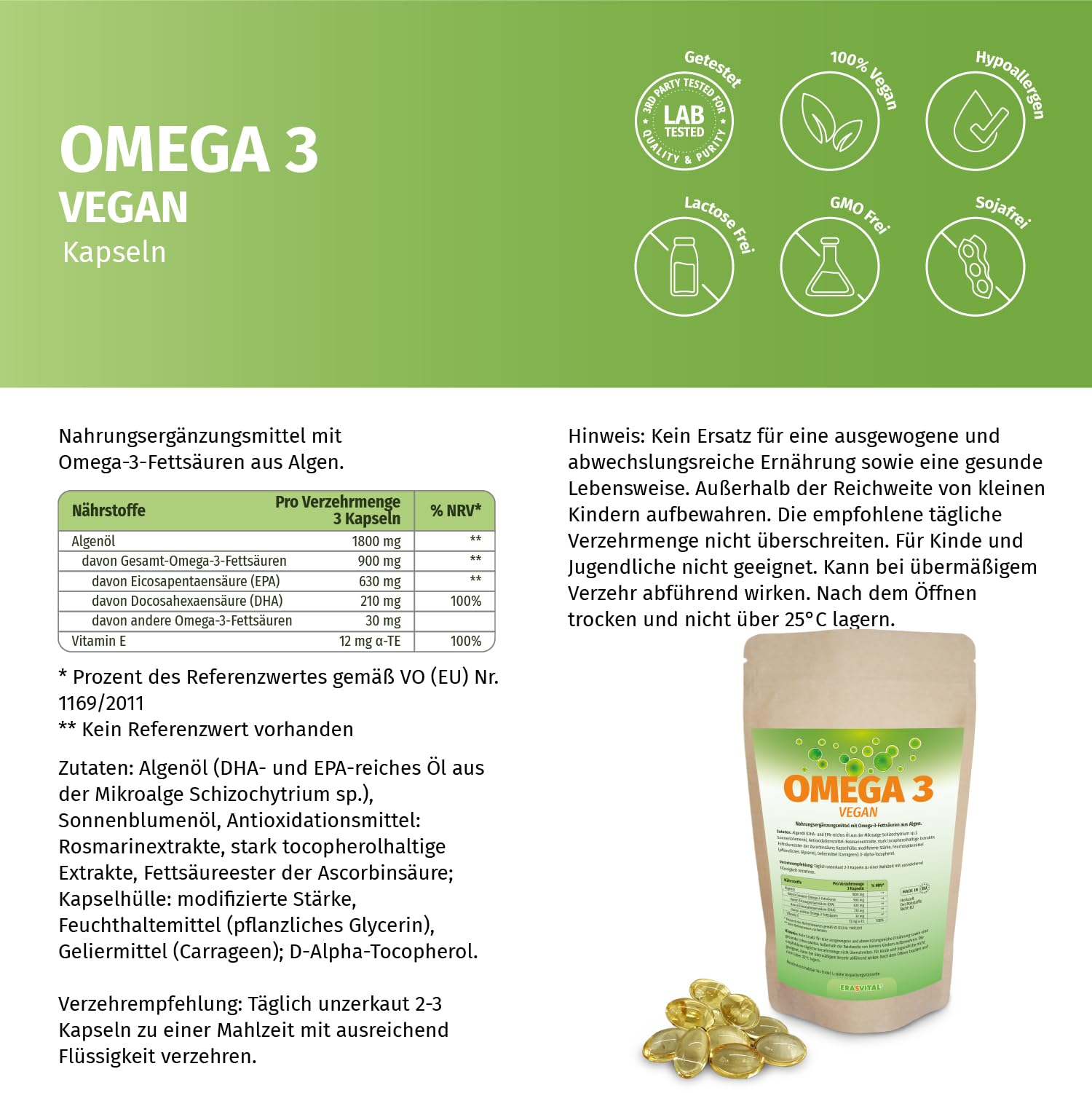 Omega 3 aus reines Algenöl Softgel Kapseln hochdosierte Fettsäuren 630 EPA und 210 DHA + Vitamin E pro Tagesdosis, Vegan (1080 stück (1er Pack))