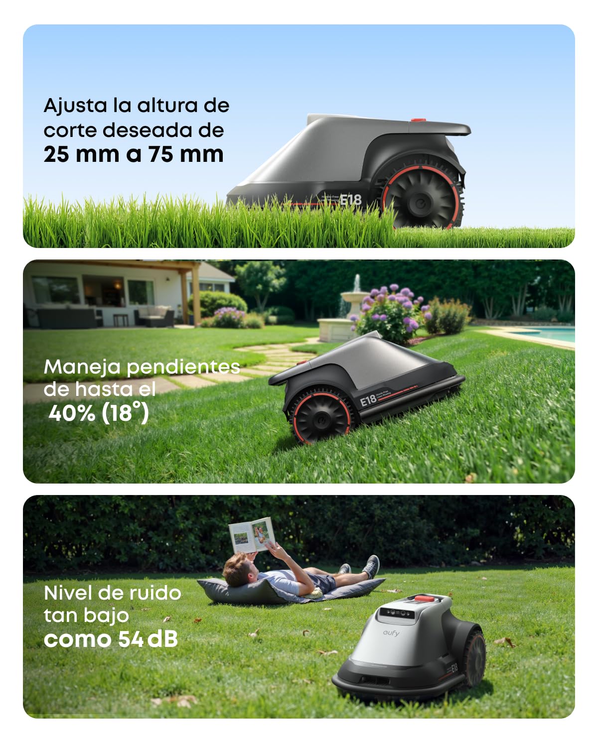 eufy Robot cortacésped E18 sin cable de limitación, Sin fallas de señal, sin RTK, Tecnología TrueVision, Sistema GNSS, Jardín de hasta 1200 m², Corte Preciso Bordes, Evita Obstáculos, Controllo App | Sin fallas de señal, sin RTK, GNSS, jardín hasta 1200 m