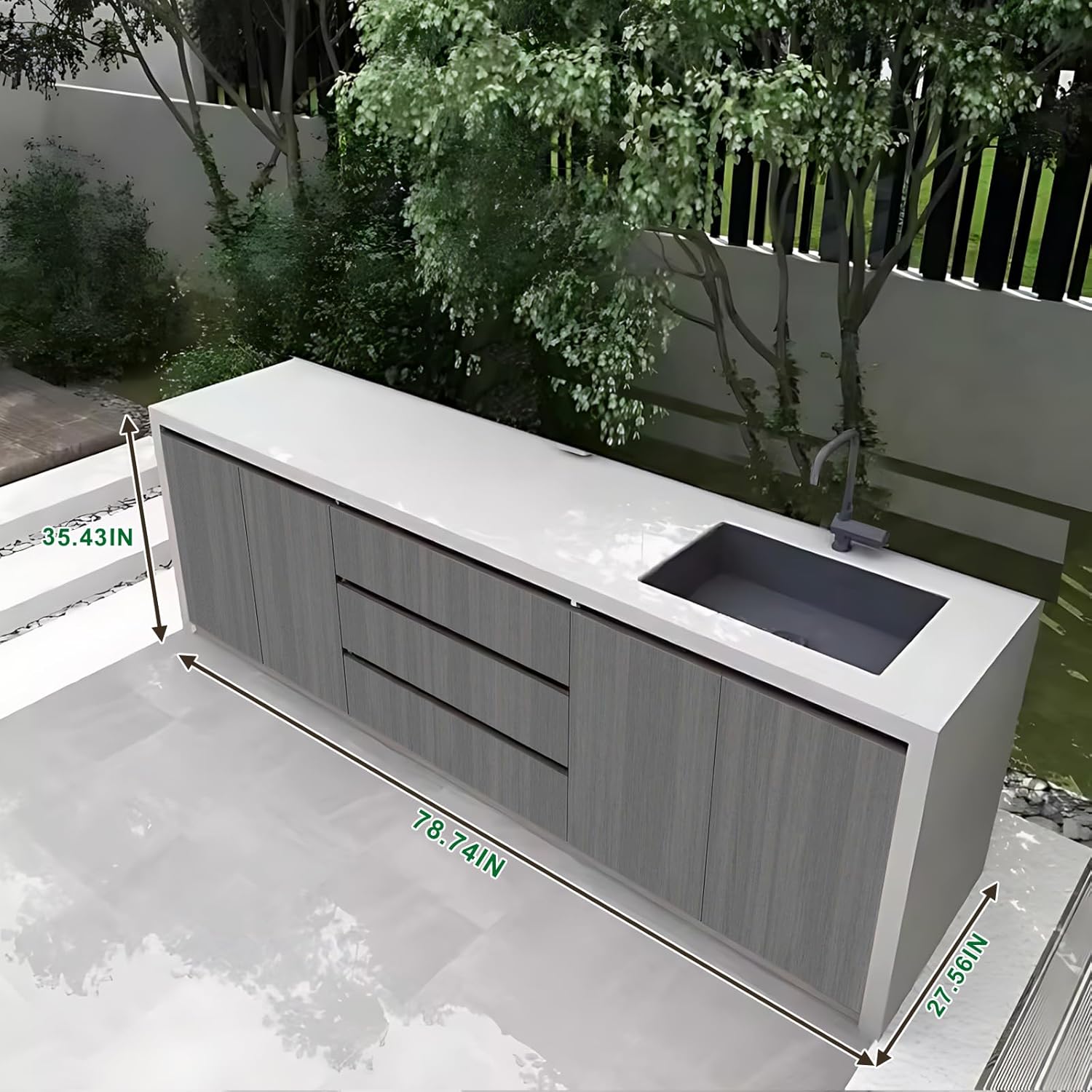 Outdoor Laundry Utility Sink Cabinet with Gray Simple Design and Aluminum Alloy Cabinet Door Panel, Kitchen Table with Stainless Steel Sink,Slate Textured Countertop(78.74IN)