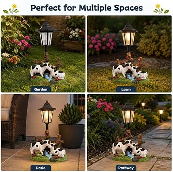 Solar Cow Garden Statue with Solar Light - Charming Dairy Cow Family Farm Decor, Outdoor Yard Lawn Patio Porch Ornament, Unique Gift for Mom Grandma