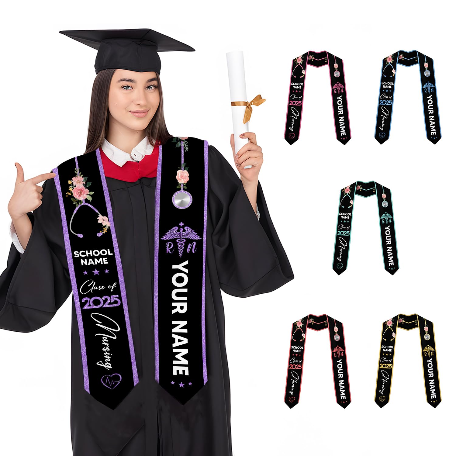 Customized Nursing Graduation Stole/Sash, RN Nurse Stole Graduate 2025, Class of 2025 With Medical Logo Grad 5