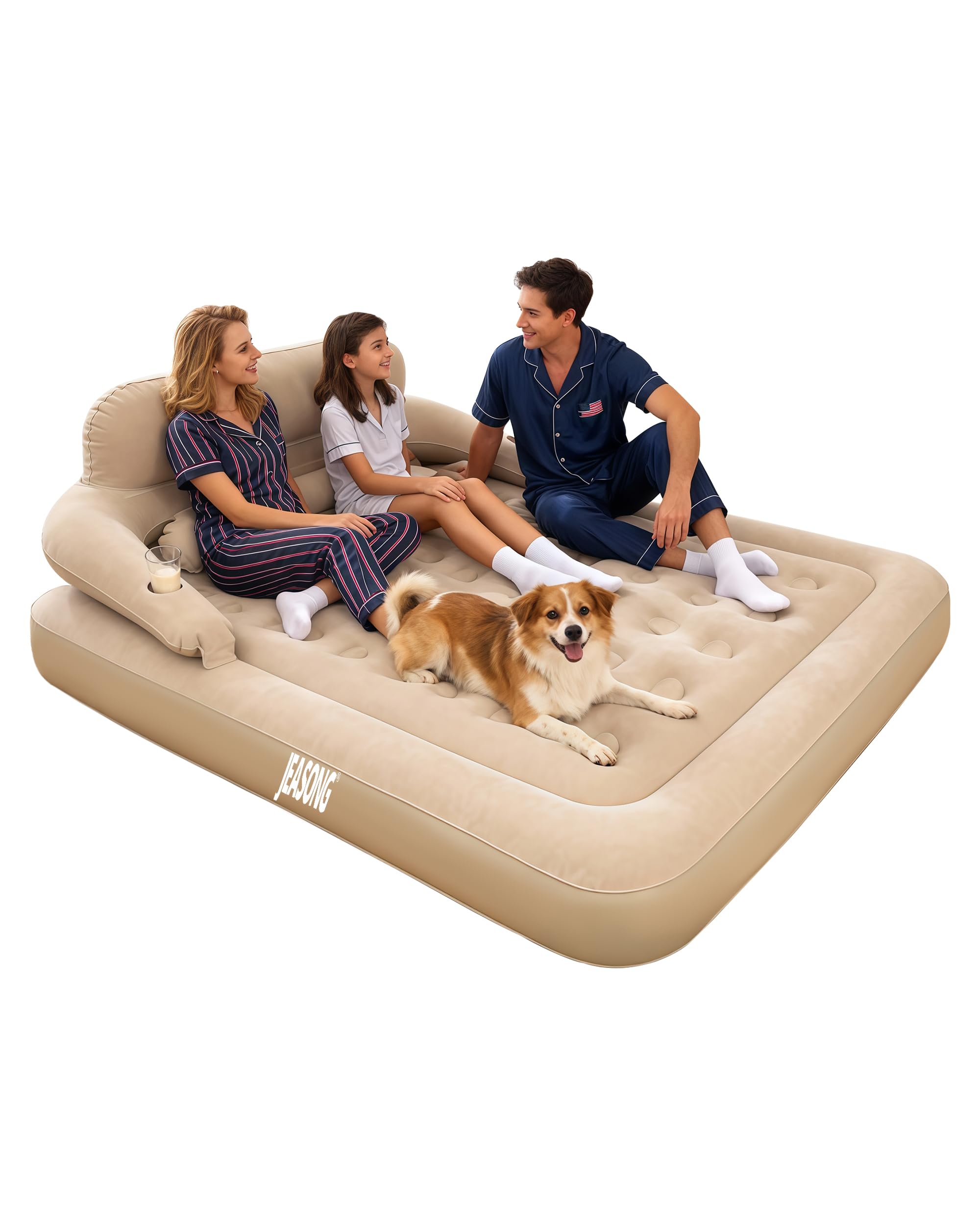 – JEASONG Air Bed with Headboard Inflatable Mattress King Size, Flocked Surface Blow Up Mattress Double Airbed, 3 Mins Fast Inflation Air Mattress Inflatable Bed for Home, Guest, Camping, 203x152x23cm