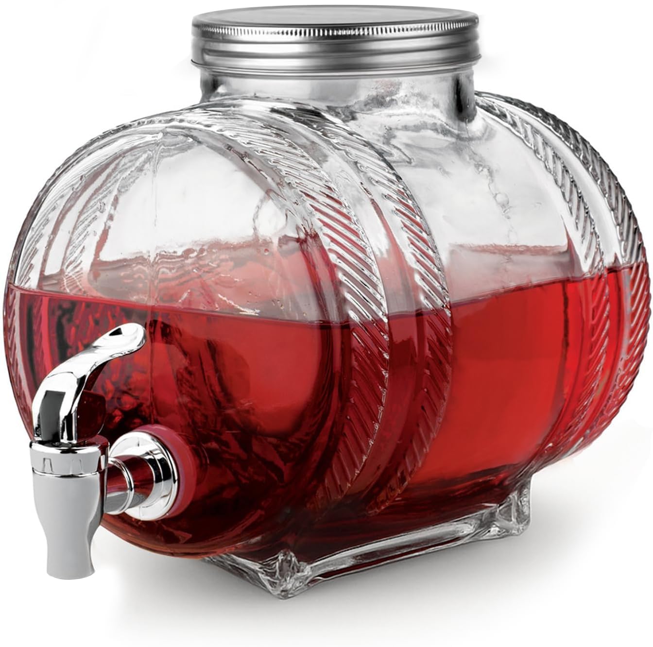 Dispensador de Bebidas de Vidrio en Forma De Barril con Grifo, Tarro de Cristal con Tapa de Aluminio y Grifo para Agua, Whisky, Vino y Refrescos, Ideal para Fiestas, Bodas y Eventos, 2.8 Litros
