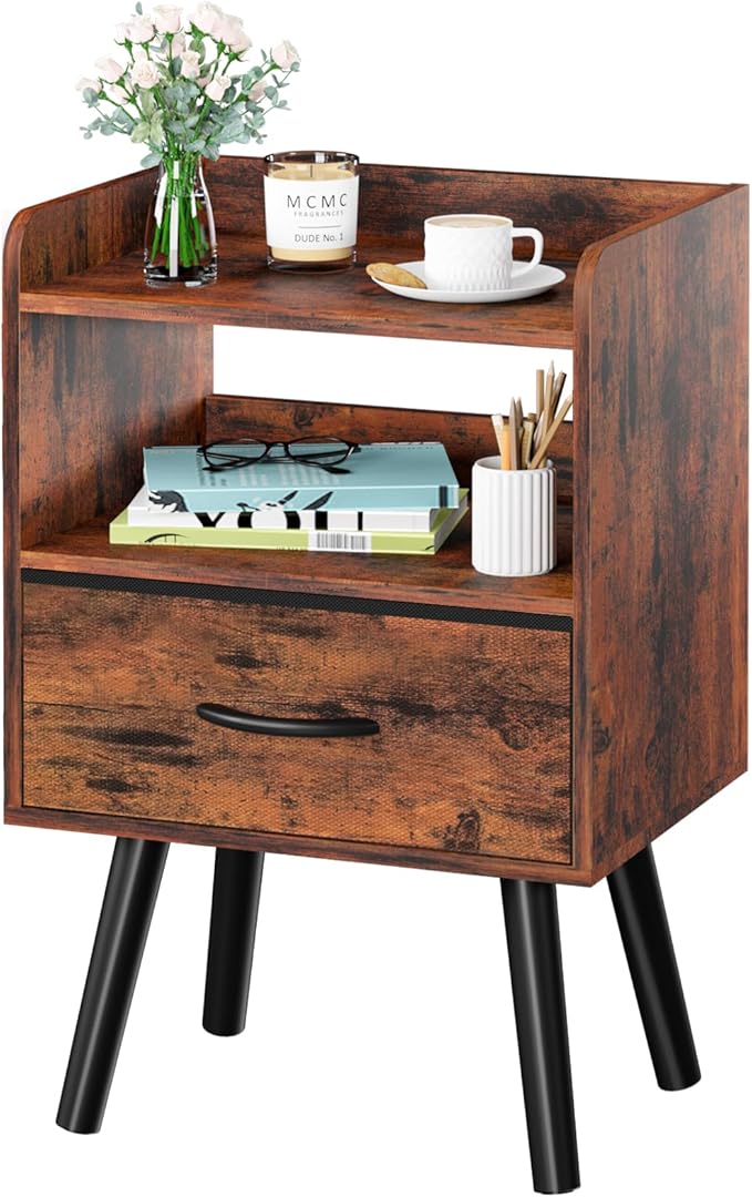 Yoobure Night Stand with Fabric Drawer, Modern Nightstand, Bedside Tables, Mid Century Nightstands with Open Storage Shelf, Wood Bedside Table, Small Night Stands for Bedrooms, 2-Tier Night Table