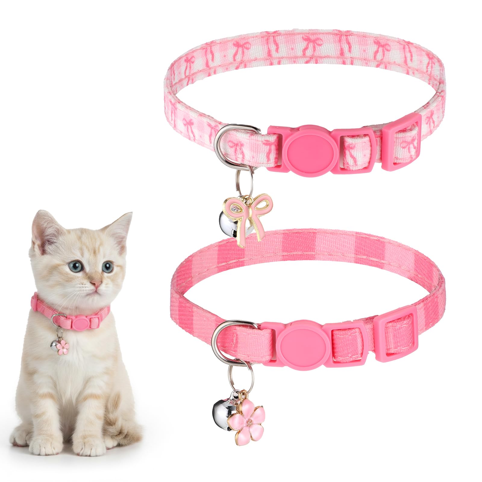 2 Pcs Pink Breakaway Cat Collars with Bell, Bow and Flower Pendant, Adjustable Kitten Collars for Girl Cats, Cute Pink Plaid and Bow Design