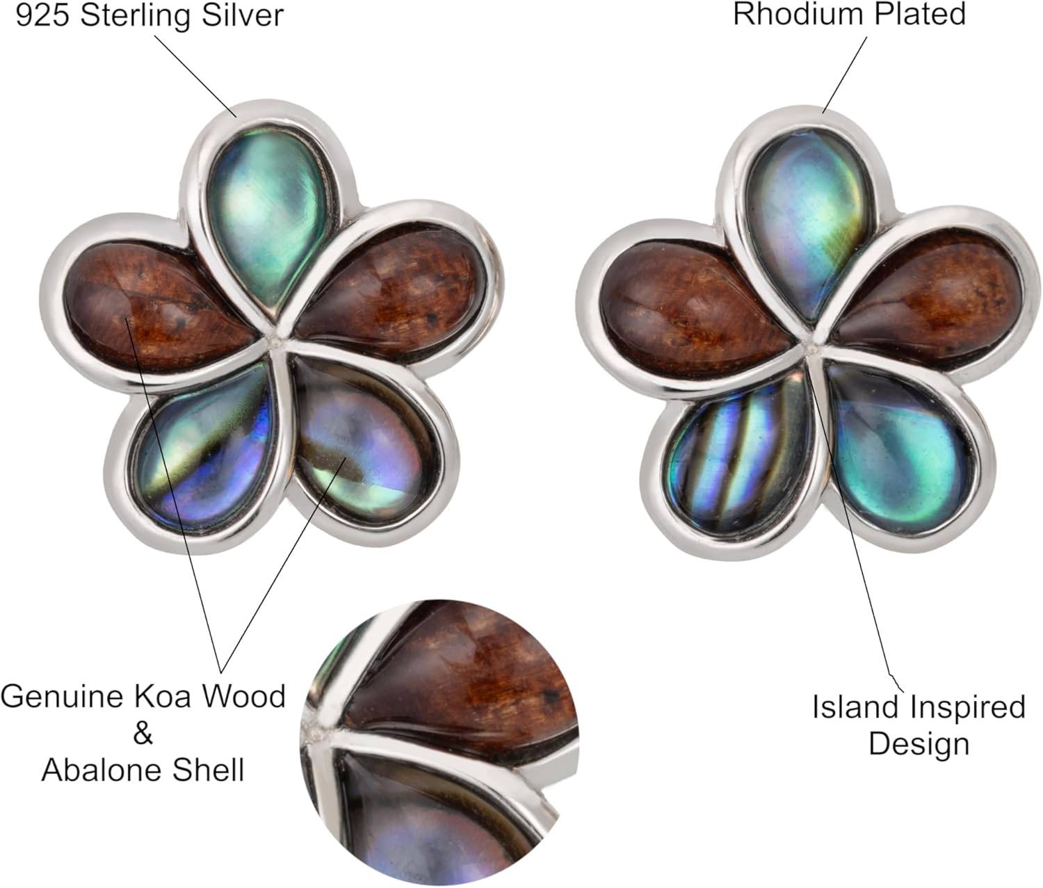 925 Sterling Silver Koa Wood and Abalone Shell Hawaiian Mauka to Makai Plumeria Flower Stud Post Earrings, Nickel Free Hypoallergenic for Sensitive Skin, Gift Box Included - Image 4