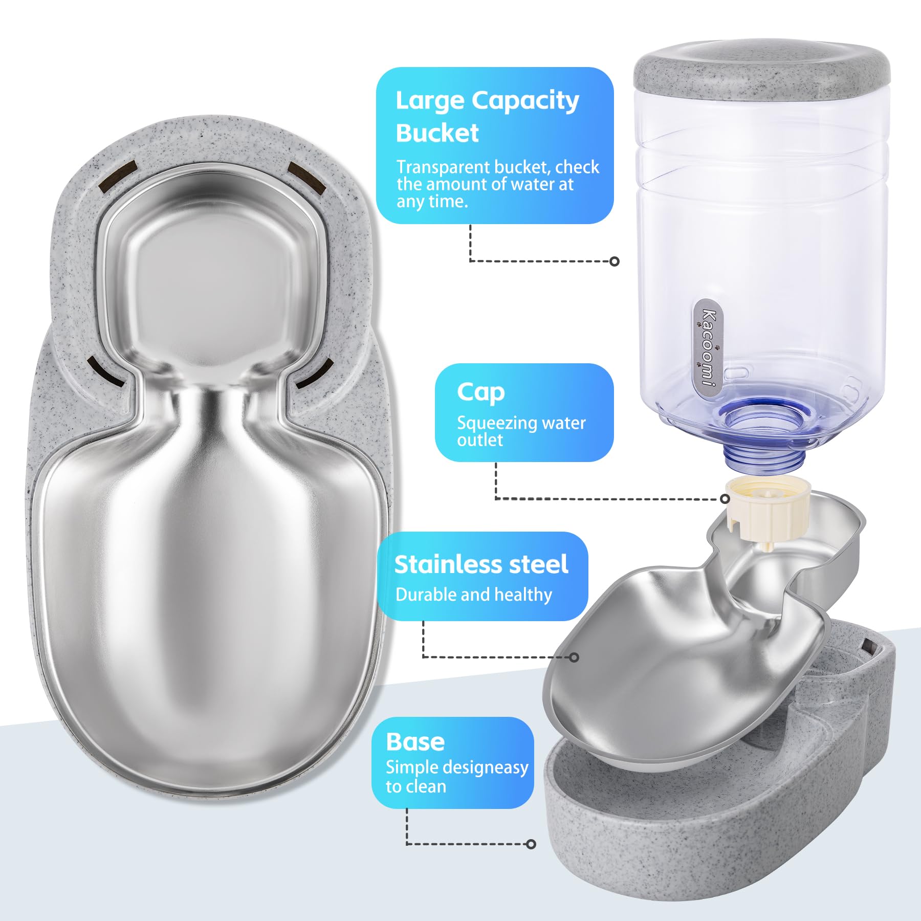 Automatic Cat Feeder and Water Dispenser with Stainless Steel Bowl Gravity Food Feeder and Waterer Set for Small Medium Dog Puppy Kitten 1 Gallon x 2(Grey) - image 2