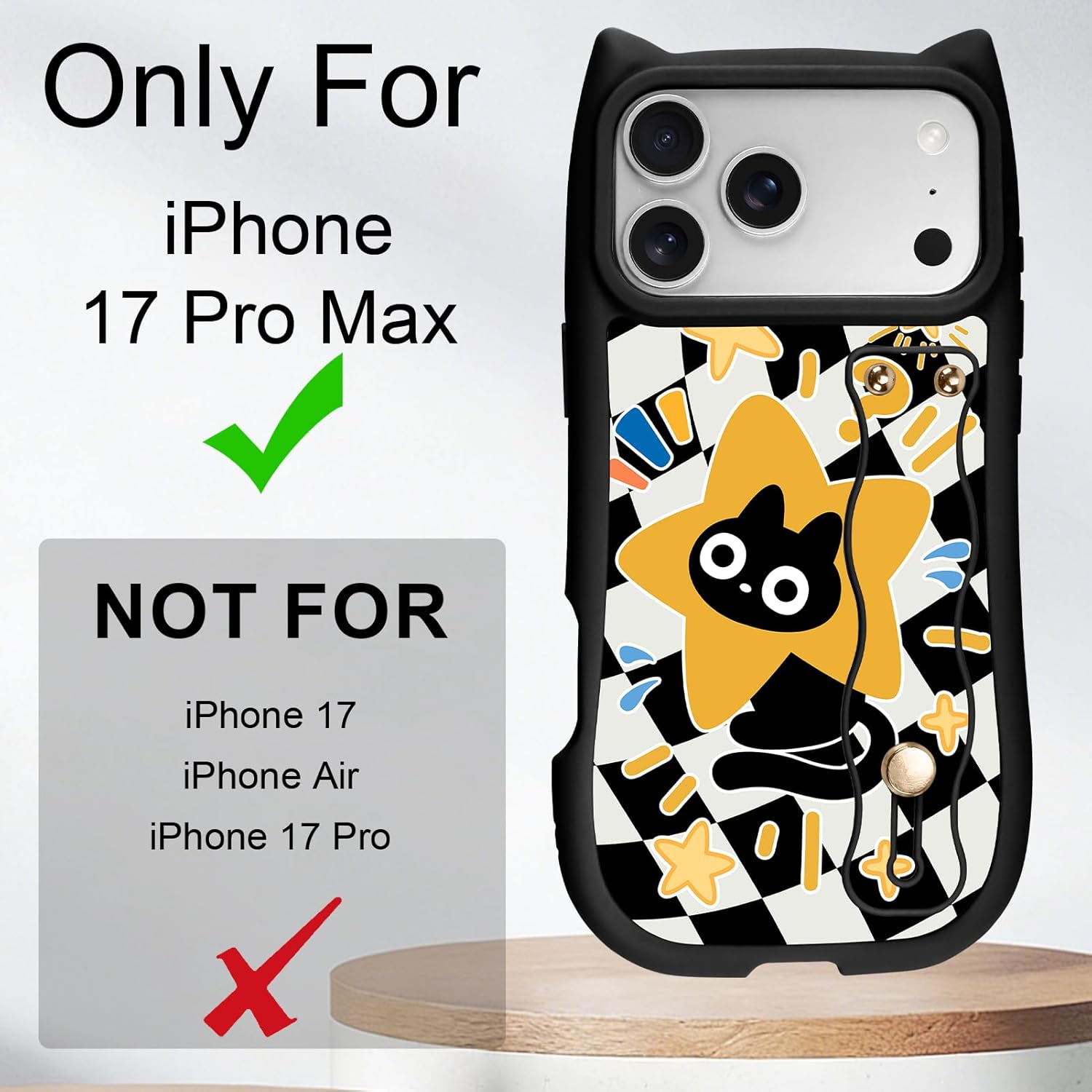 for iPhone 17 Pro Max Case with Wrist Stand, Cute Cat & Star Pattern with 3D Cat Ear Design, Kawaii Adjustable Soft Strap Protective Animal Phone Cover for Women Girls, Black