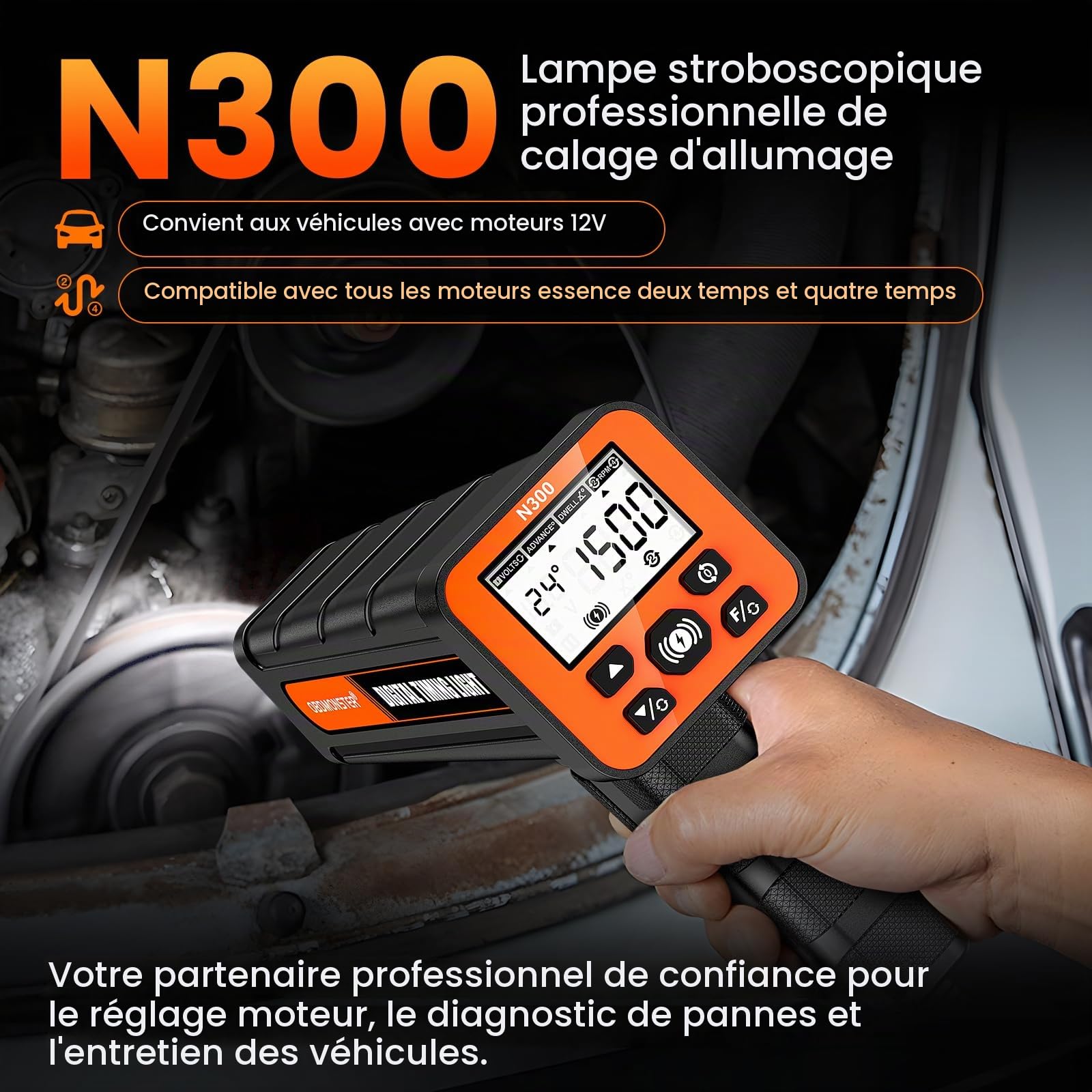 Lampe Stroboscopique Allumage 12V, Pistolet D'allumage avec Ecran LCD, Pistolet D'allumage Inductive 2/4 Temps Engine,pour Voiture, Moto, Marine