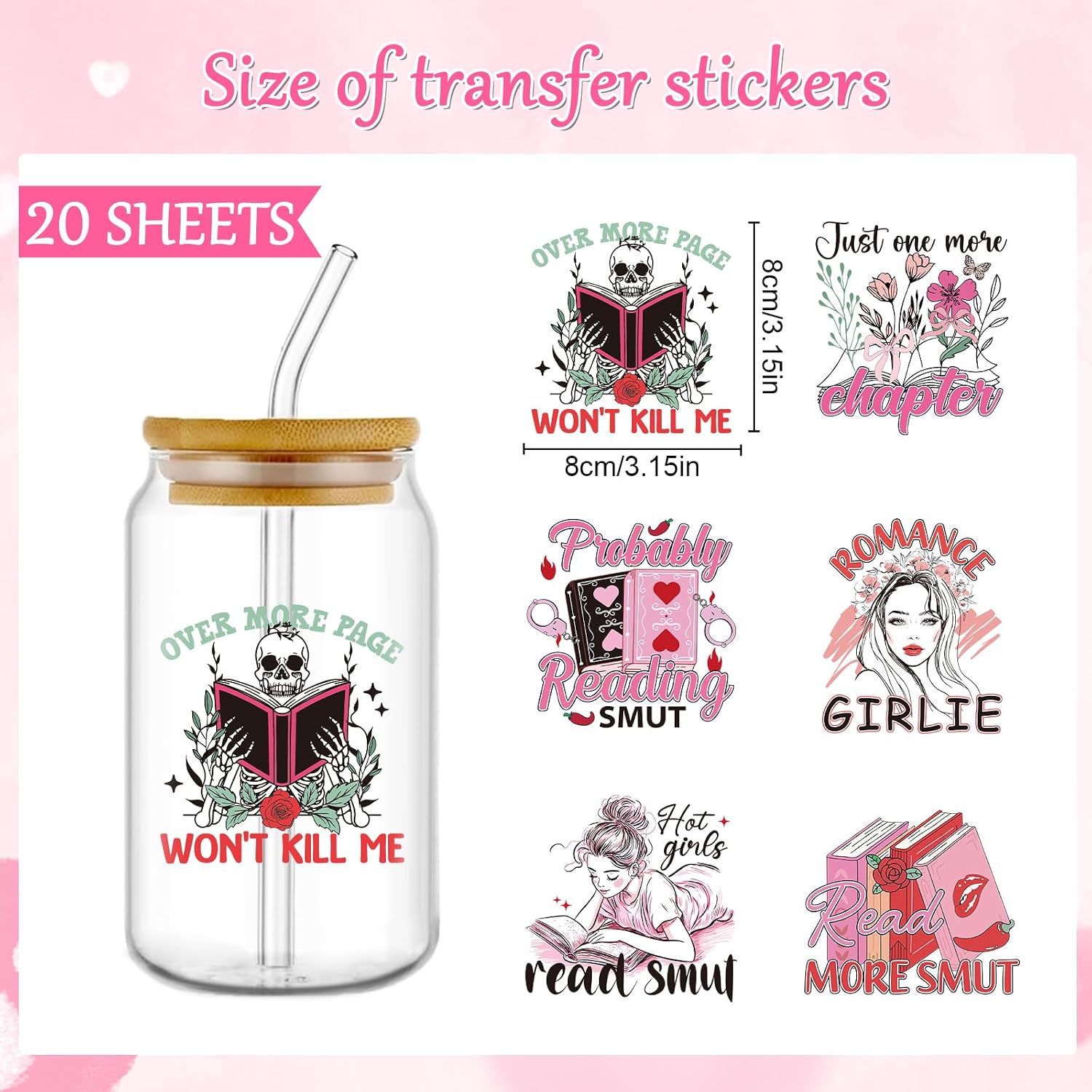 Rngmsi UV DTF Cup Wrap - 20 Sheets Smut Reading UV DTF Wraps for 16 oz, Smutty Bookish Spicy Stickers for Water Botters Glass Cups, Dark Romance Rub on Transfer Decals for Women Girls
