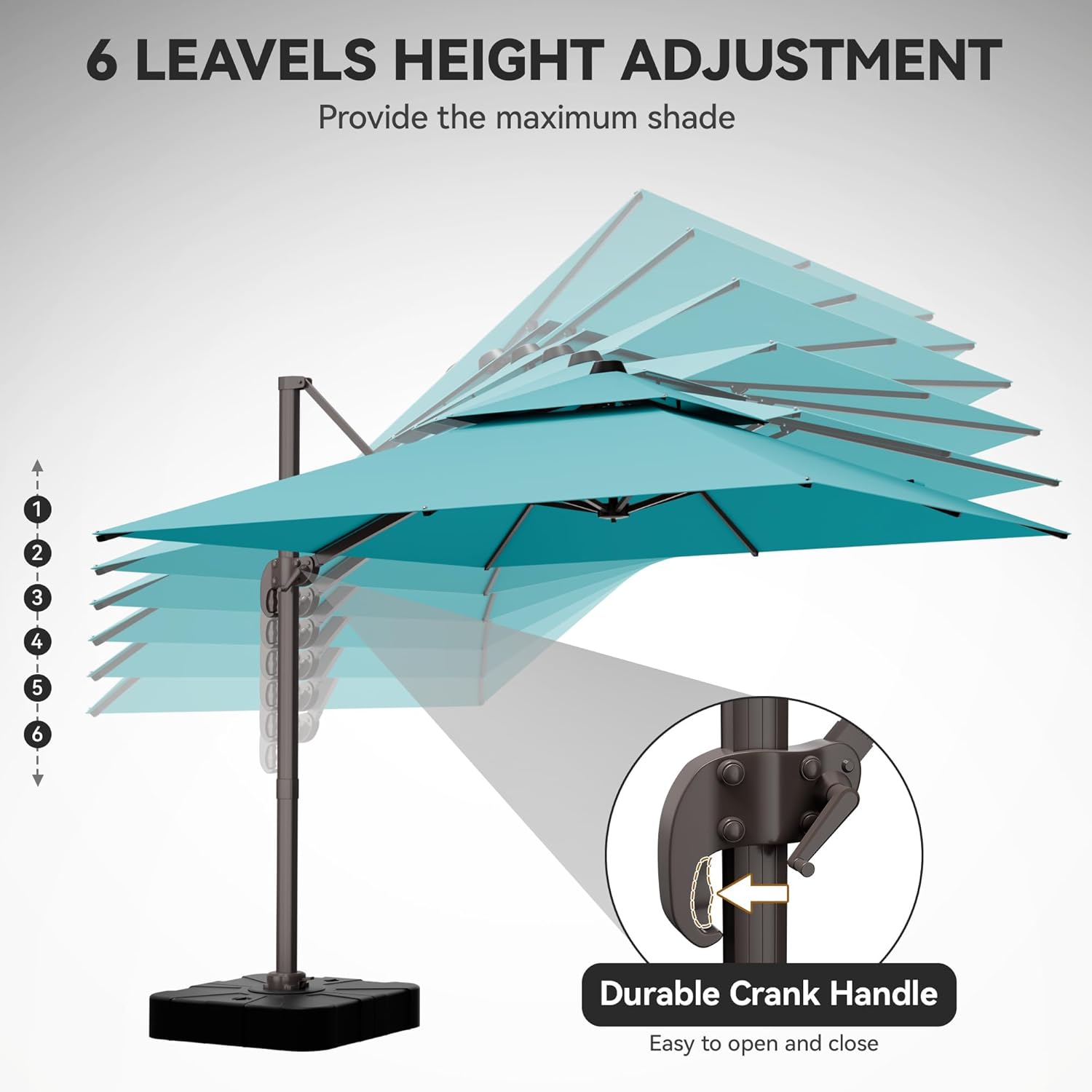 GENTEACO 10X10 FT Cantilever Umbrella with Base Included, Large Offset Patio Umbrella with Double Top, 6 Angle Tilts & 360° Rotation, Large Square Sun Umbrellas for Outdoor Pool Market, Turquoise Blue