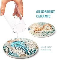 Vista 6 de Teivio Posavasos de piedra absorbente con temática de vida marina para bebidas, base de corcho con soporte, decoración costera con tema de playa
