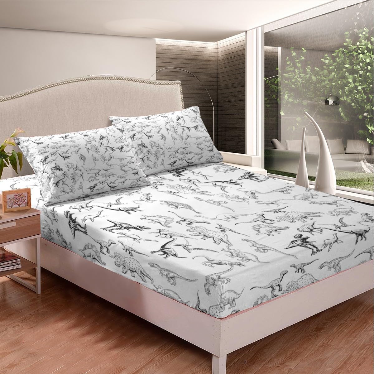 Dinosaur Bed Sheets Set Full Size 3D Digital Print Sheet Set for Kids Boys Girls Decor Jungle Dino Sheets with Deep Pocket Fitted Sheet Wild Animal Black and White Bedding Set Bedroom