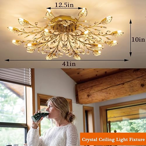 Miniatura 6 de Moderna lámpara de techo de cristal con hojas doradas, luces de techo semiempotradas, iluminación para dormitorio, sala de estar, comedor, cocina,