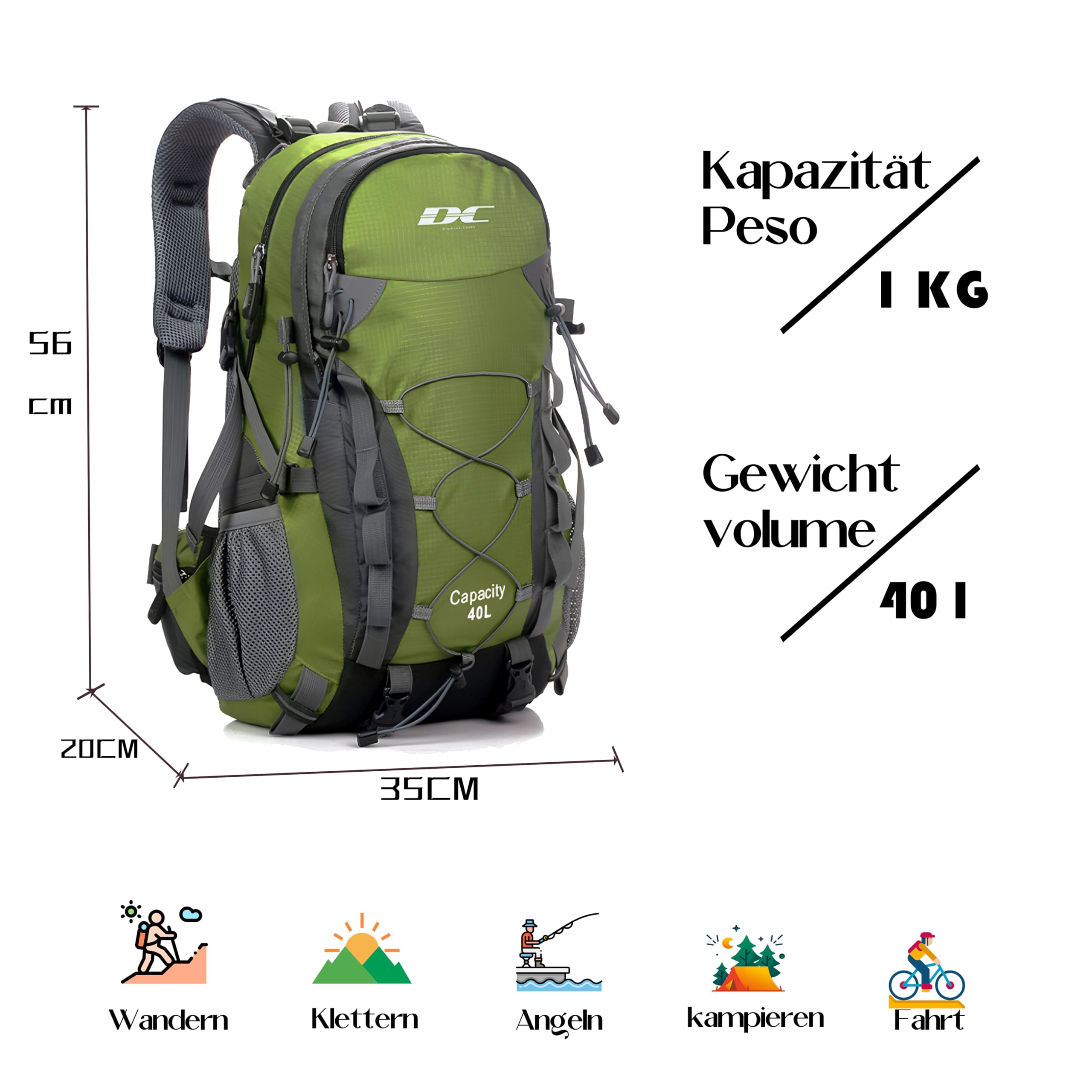 DCmount zaino trekking 40 litri multifunzione zaino da viaggio zaino impermeabile per campeggio sportivo alpinismo escursioni donna e uomo contiene copri zaino per pioggia