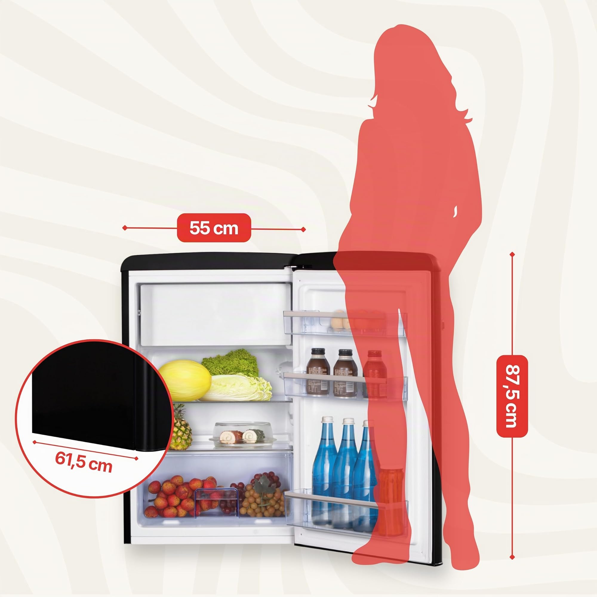 Amica Retro Kühl-Gefrierkombination 108 L 87,5 x 55 x 61,5 cm KS 15617 MS | 96 L Kühlteil 13 L Gefrierfach, LED Beleuchtung, Automatische Abtauung, Gemüseschublade, Leiser Betrieb, SafetyGlass Ablagen