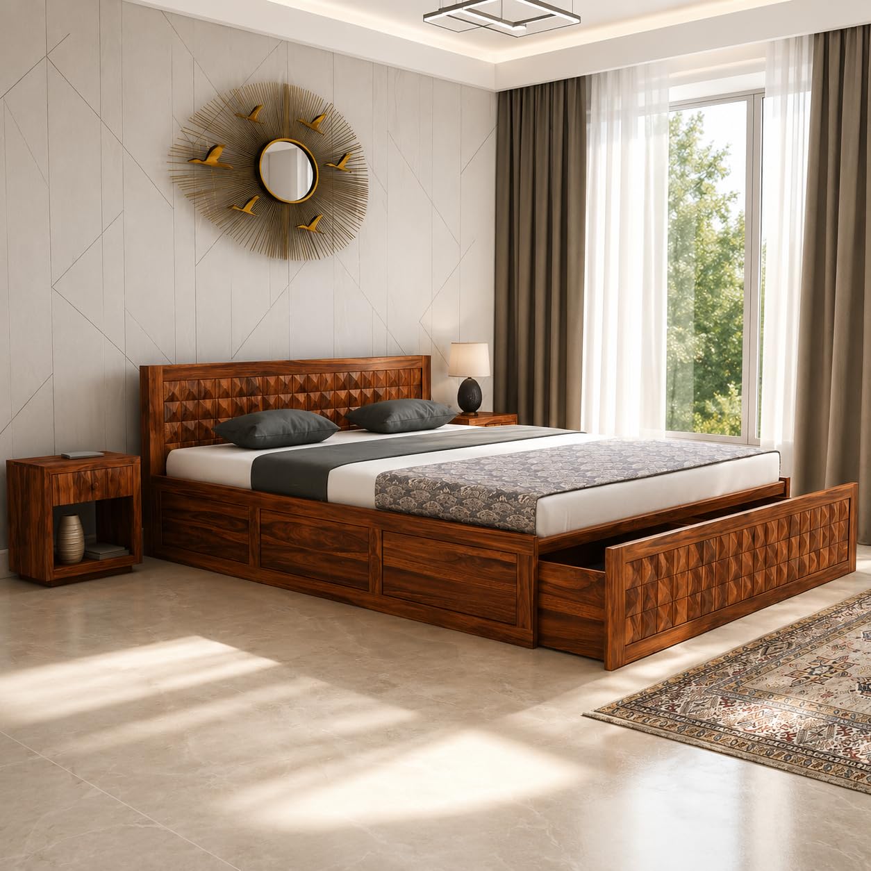 T.G. Furniture Solid Sheesham Wood King Size Bed with Front Trolly Storage for Living Room Bedroom Home Wooden King Size Cot Palang (Natural Finish)-picture-18