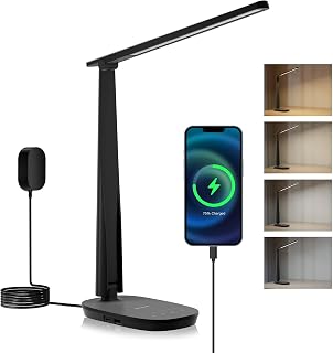 Honeywell HWT-H2 Sunturalux LED Desk Lamp: Eye-Caring Foldable Light w/ USB A+C Ports, 4 Modes, Dimmable for Reading Work Study - Black