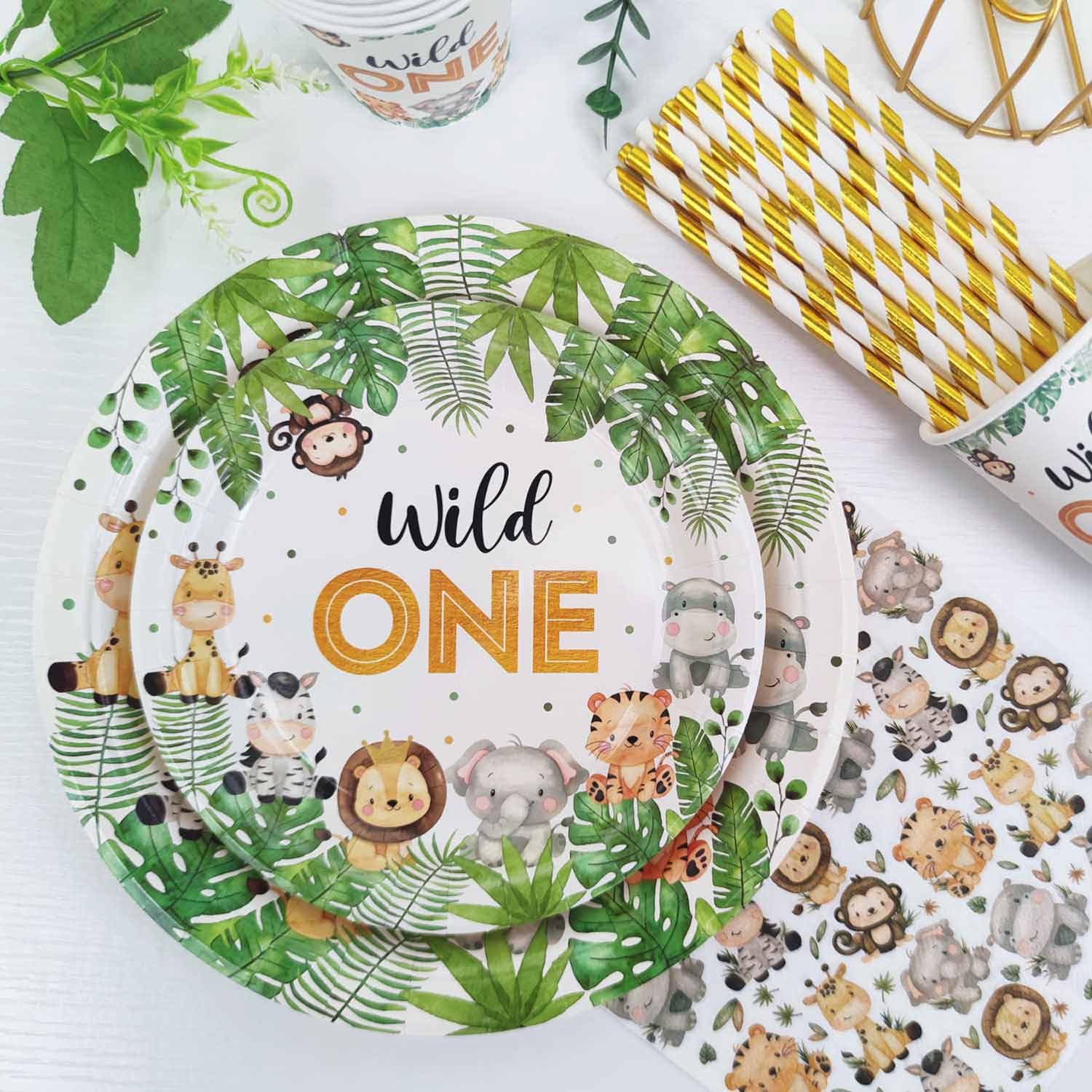 Decorazioni Compleanno 1 Anno Piatti Animali Set per 25 Ospiti, 100 Pezzi Primo Compleanno Bimbo Safari Giungla Stoviglie Wild One Feste Piatti Carta, Tazze e Tovaglioli per Bimbo Ragazzi