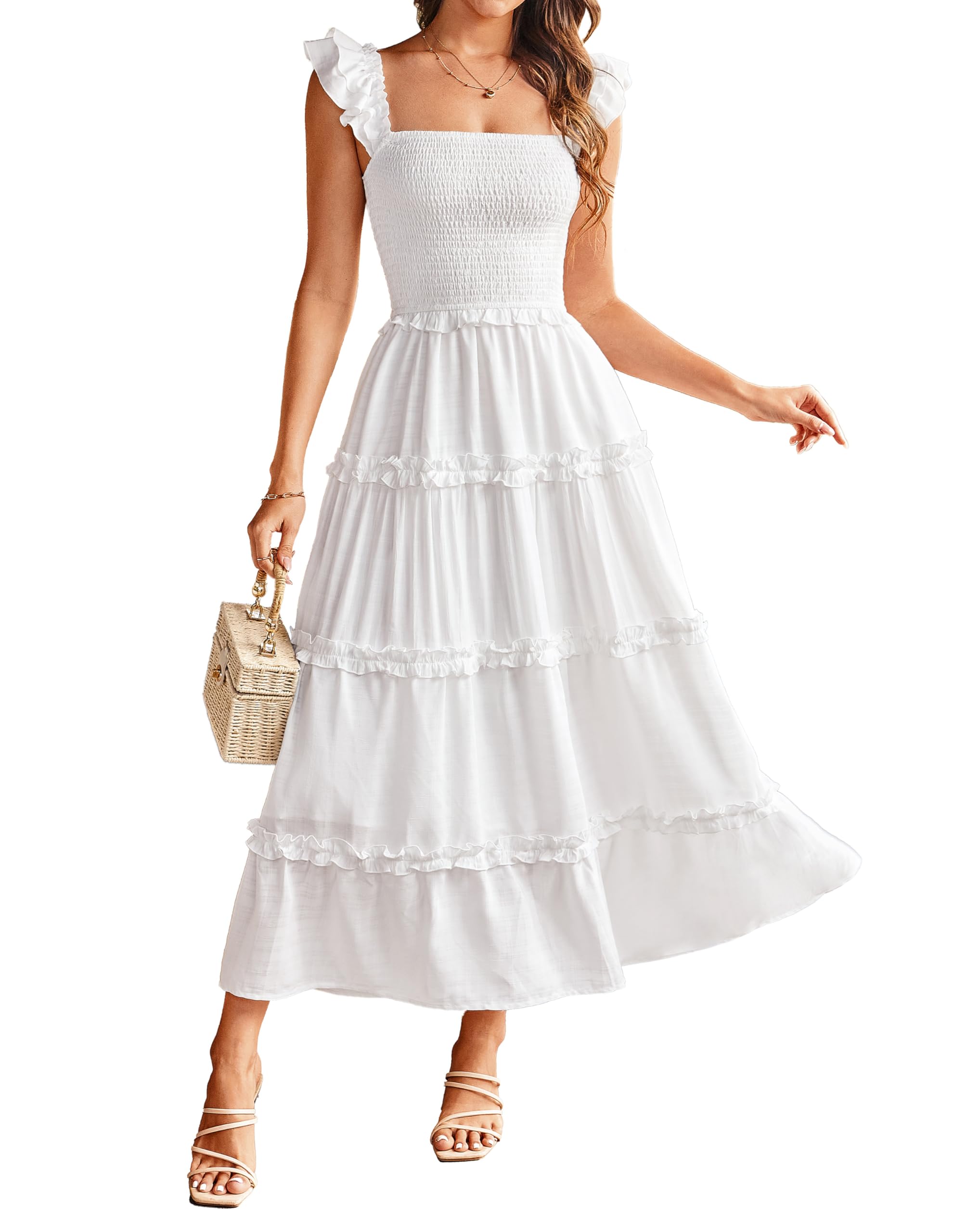 GRACE KARIN Robe Longue Femme Été Col Carré Taille Élastique Froncée Volantée Ligne A Décontractée Plissée Confortable Chic