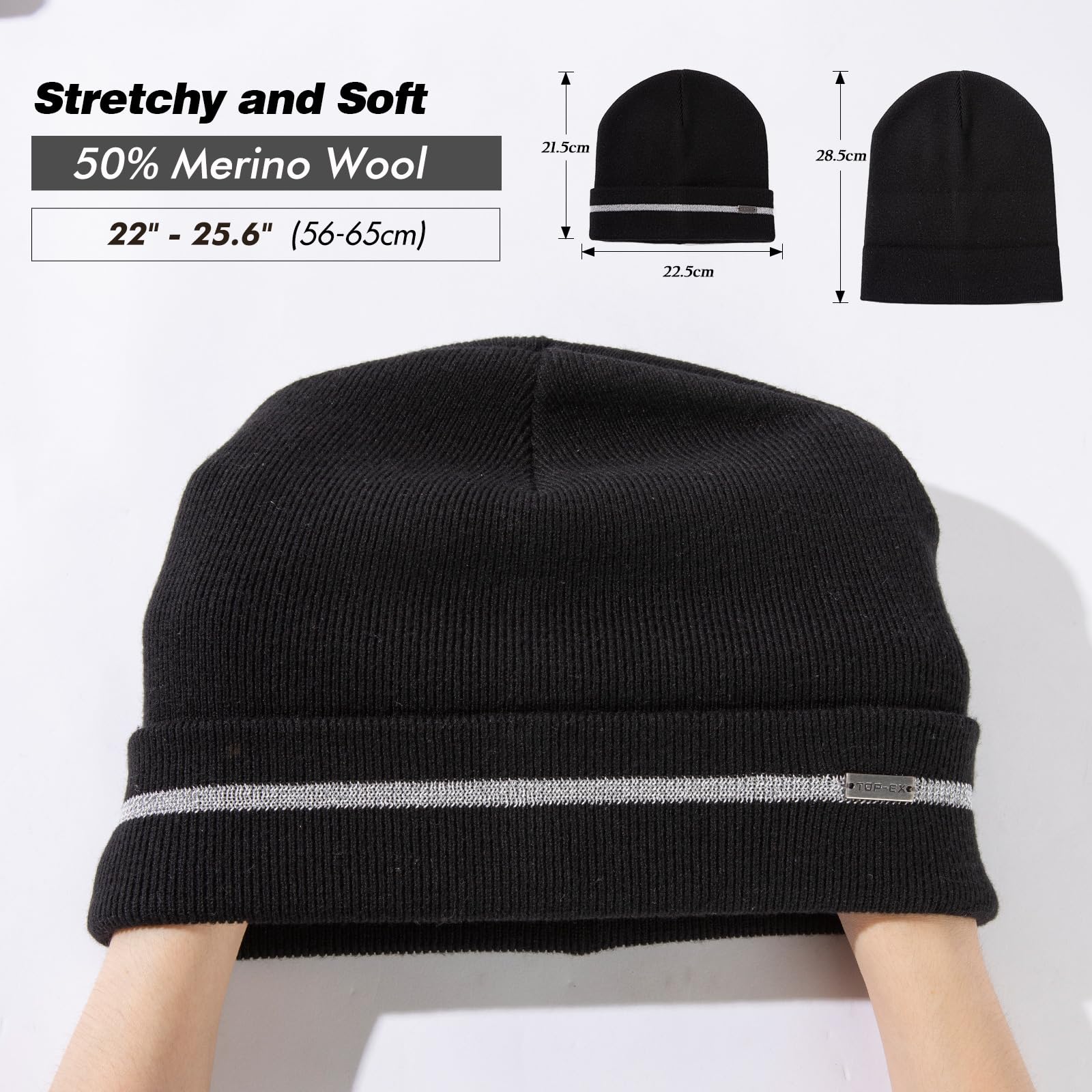 TOP-EX Gorro de lana merino 50 % para hombre y mujer, con rayas reflectantes, gorro térmico de lana para invierno, gorro de correr para deportes en clima frío, 56-65 cm