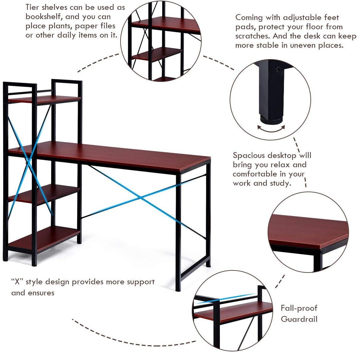 Tangkula Computer Desk with 4 Tier Shelves, Study Writing Table with Storage Bookshelves, Compact Home Office Workstation, 47.5" Tower Desk with Steel Frame & Adjustable Feet Pad, Red Brown