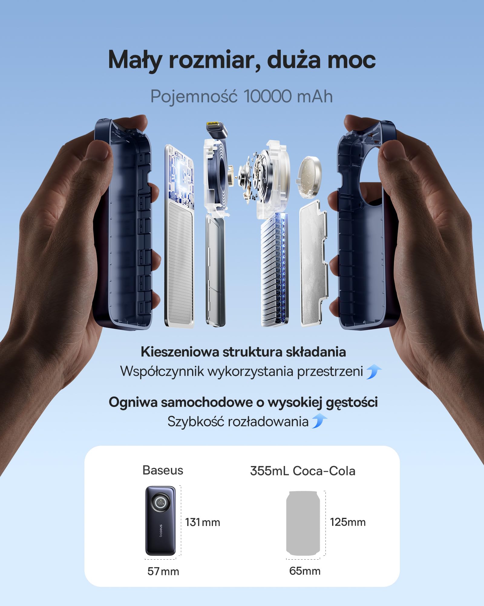 Powerbank Baseus EnerCore 10000 mAh 45 W z chowanym kablem USB-C o długości 60 cm, maksymalna moc z 1x USB-C, kompatybilny z urządzeniami iPhone 16/15 Series, iPad, MacBook, Galaxy, AirPods