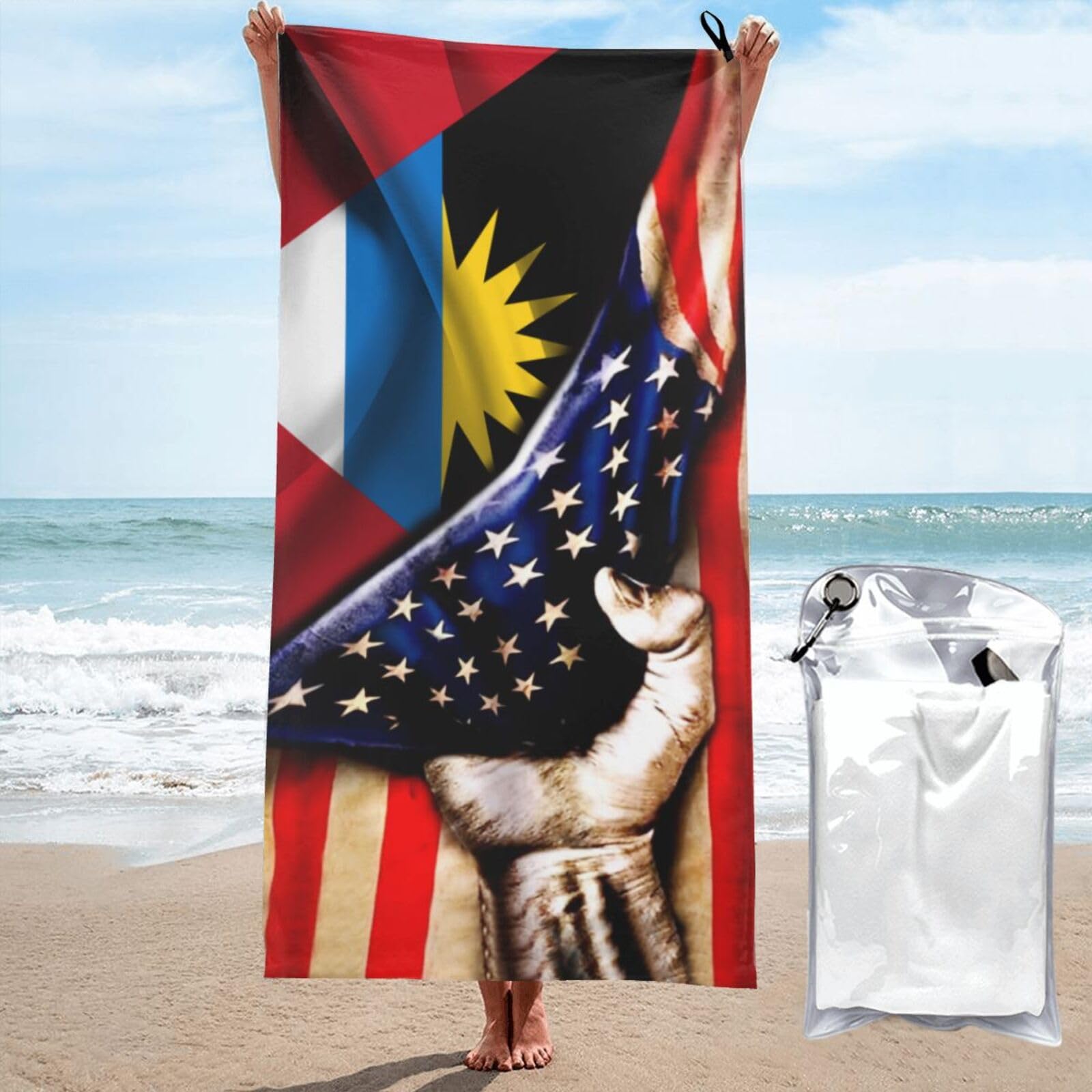 HACXZ Microfiber Beach Towel America Flag and Antigua and Barbuda Roots Antigua and Barbuda Flag Large Camping Towel Bathroom Beach Towels