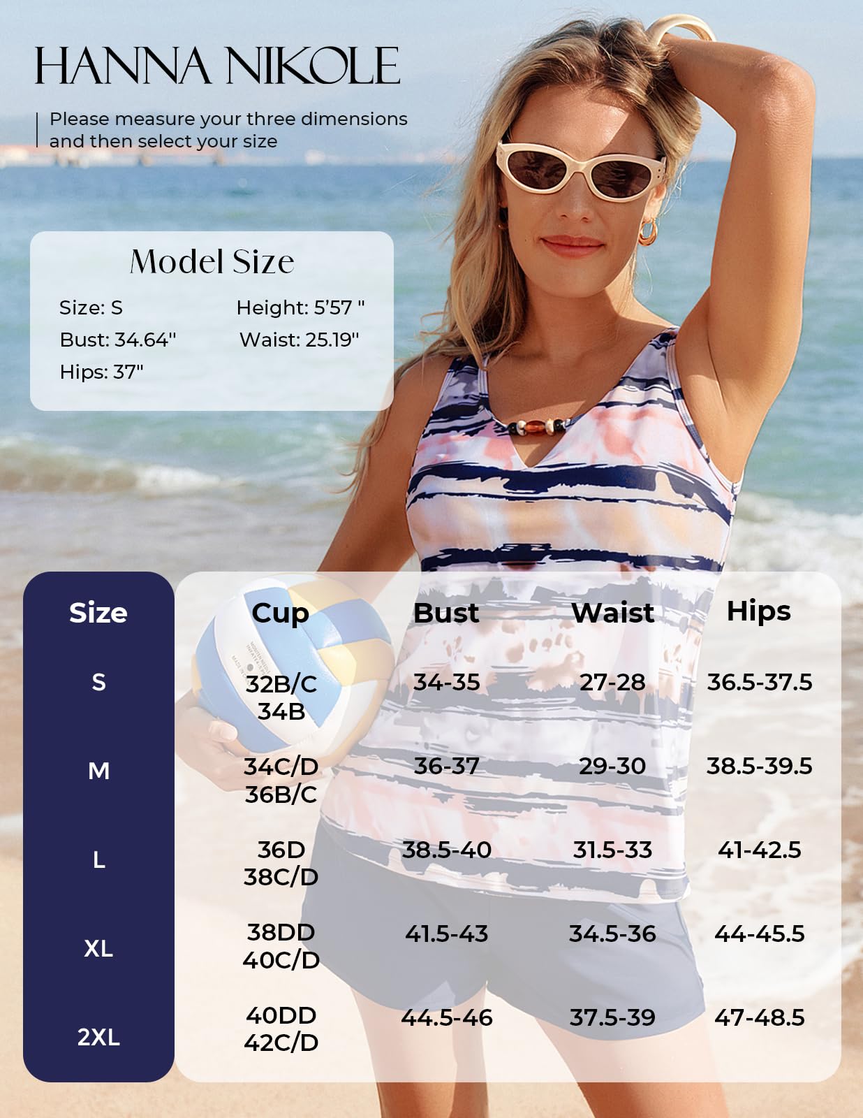 Hanna Nikole Tankini Damen Badeanzug, Bauchweg Zweiteiliger Bademode Set, Push Up Tank Oberteil mit Badeshorts, Sport Badeanzug für Damen Sportliche Strandmode