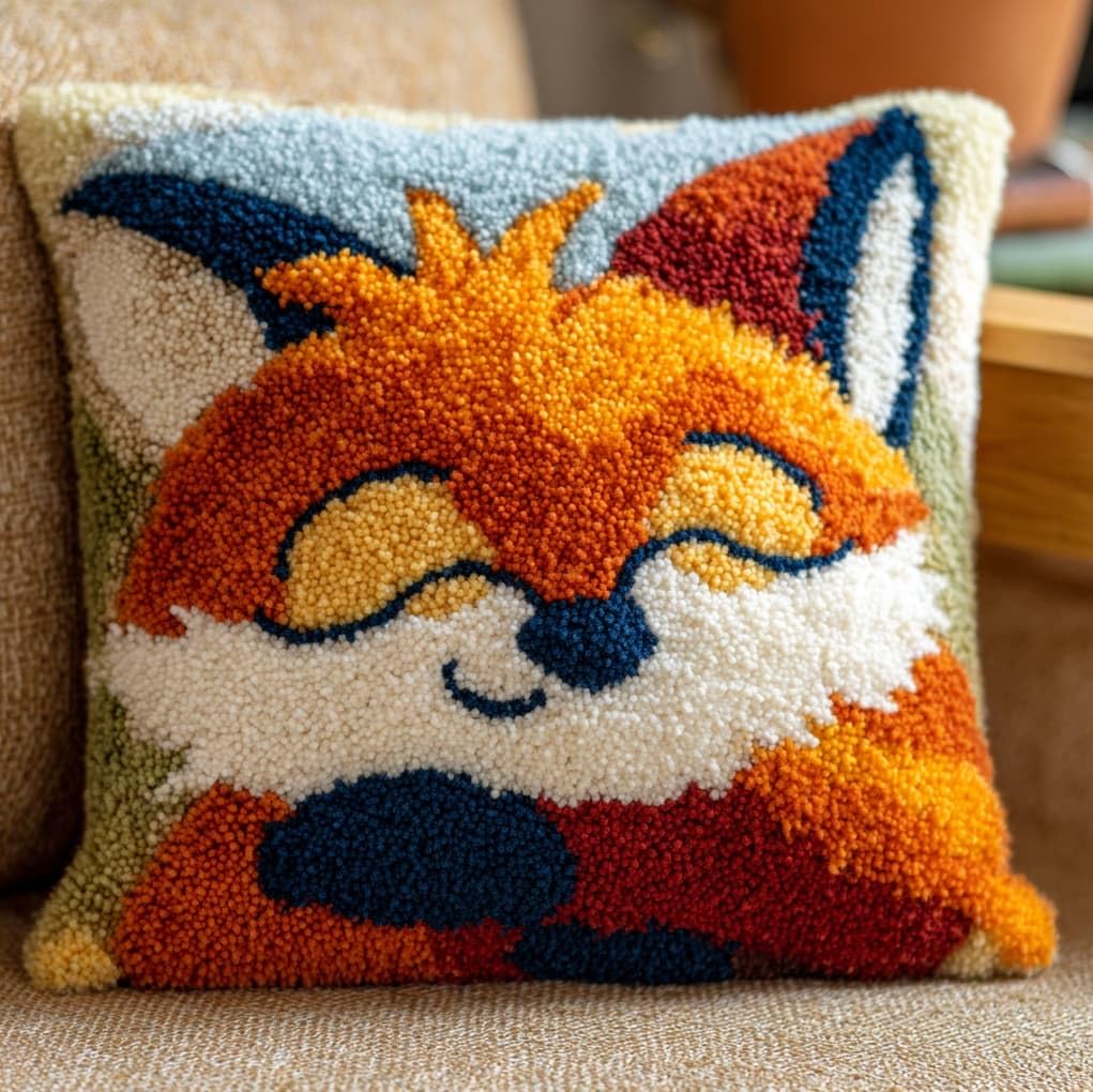 WallustrioaW Latch Hook Pillow Kits Pillow Cover,Cute Little Fox