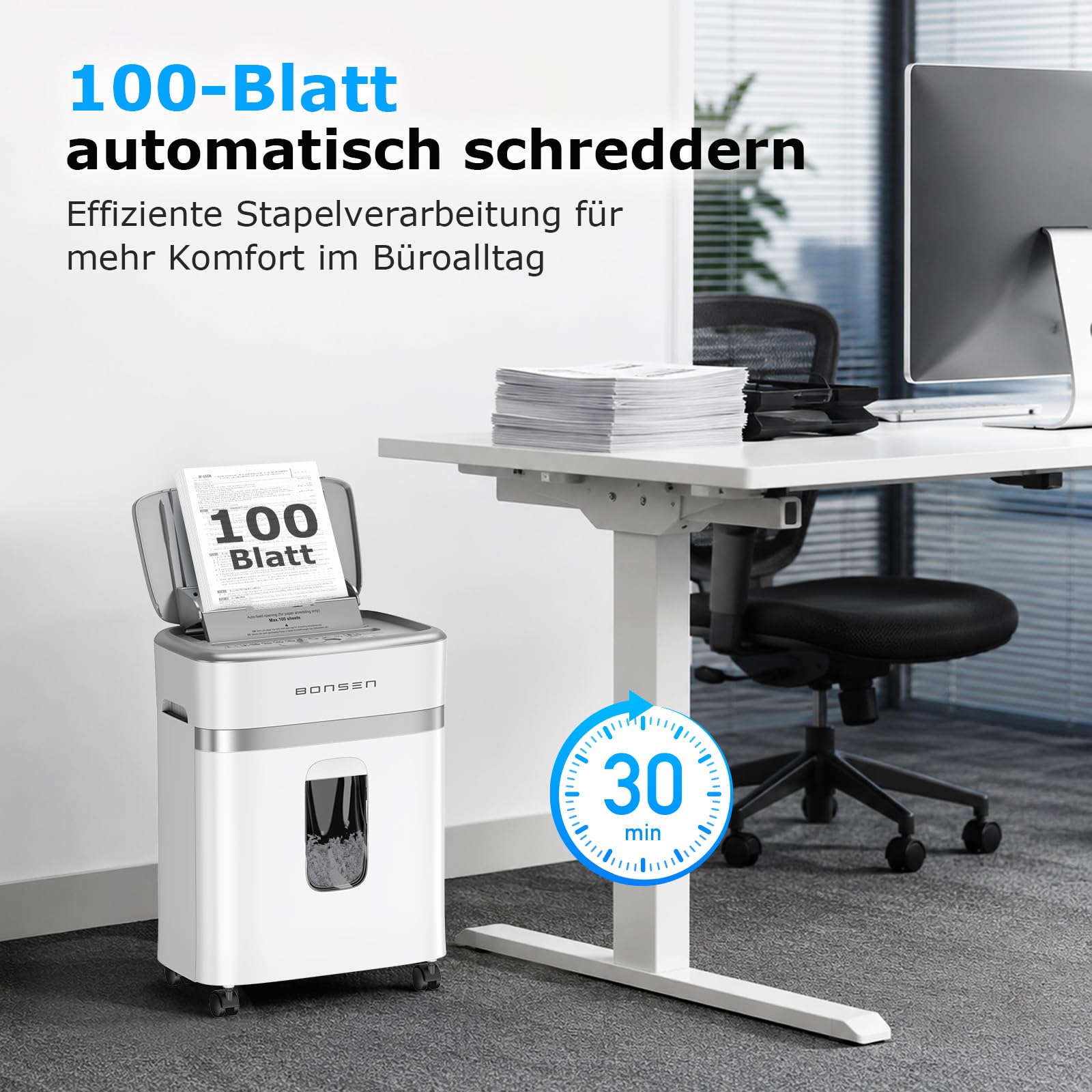 BONSEN Aktenvernichter mit 100 Blatt Auto-Feed, P-4 Mikroschnitt Schredder | leiser ≤60dB mit 30 Min. Dauerbetrieb für Büro und Homeoffice, S9201