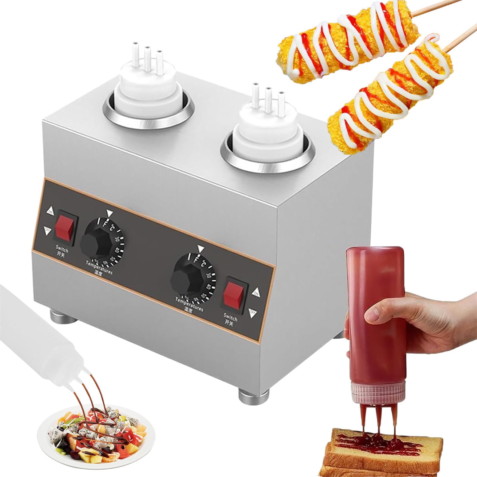 Calentador de Salsas, Máquina Dispensadora de Chocolate Caliente con Botellas de 650ml / 22oz, Dispensador de Salsas Comercial para Queso, Curry y Caramelo,2 Bottles