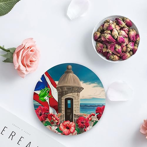 Miniatura 5 de Juego de 4 posavasos para bebidas de Puerto Rico con soporte para tazas, posavasos de cerámica absorbente con parte trasera de corcho, uso como