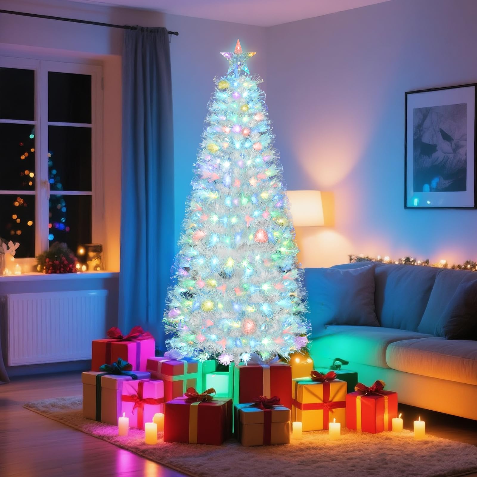 Uten artificiale Albero di Natale bianco 180 cm in fibra ottica, 220 punte, luci LED 7 colori, rami in PVC ignifugo, base in metallo, decorazione interna