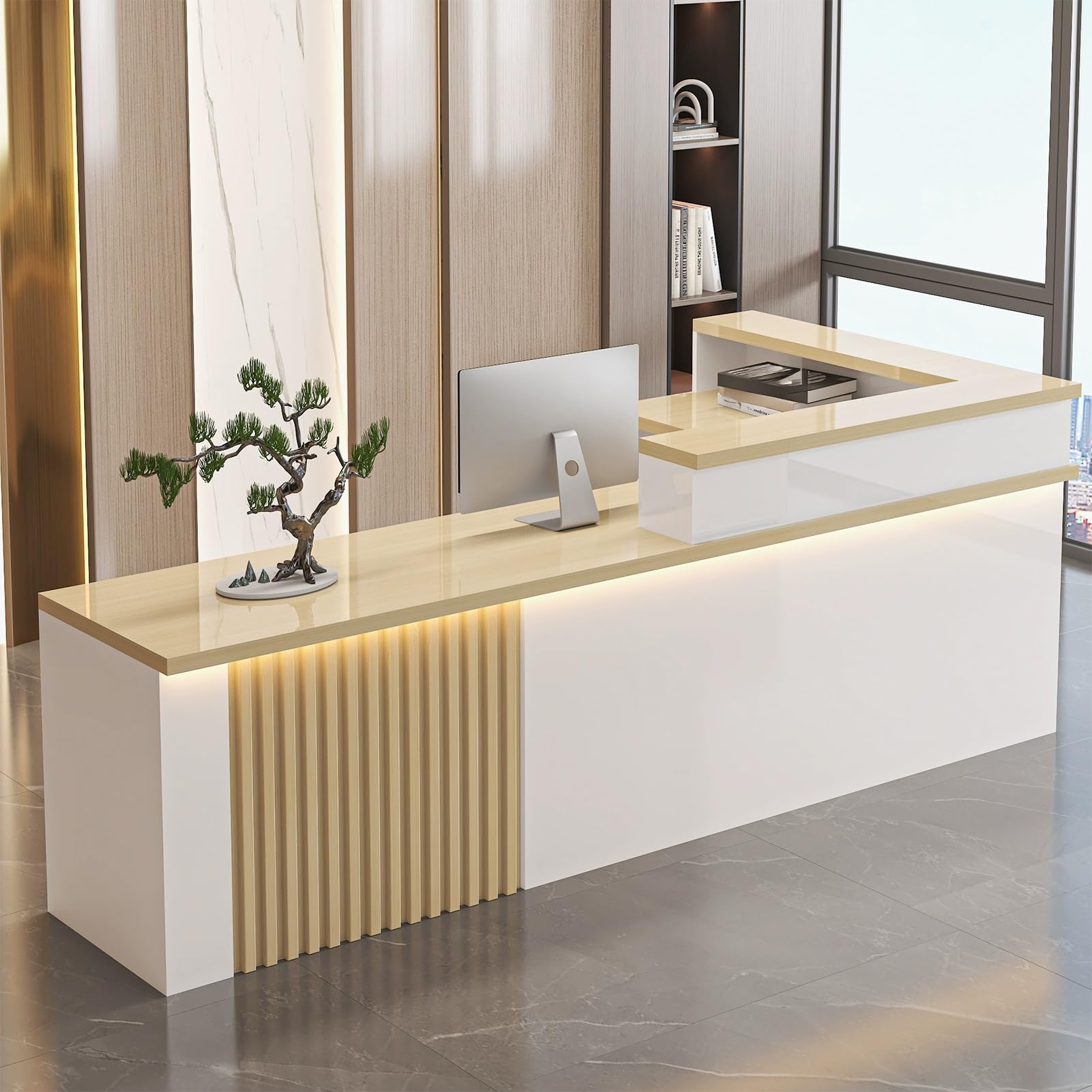 Moderner Empfangstresen mit abschließbarer Schublade, L-förmiger Kassentisch, stilvoller Rezeptionstisch mit Aufbewahrungsschrank, Empfangstisch für Einzelhandel (Natur, 120 x 60 x 100 cm)