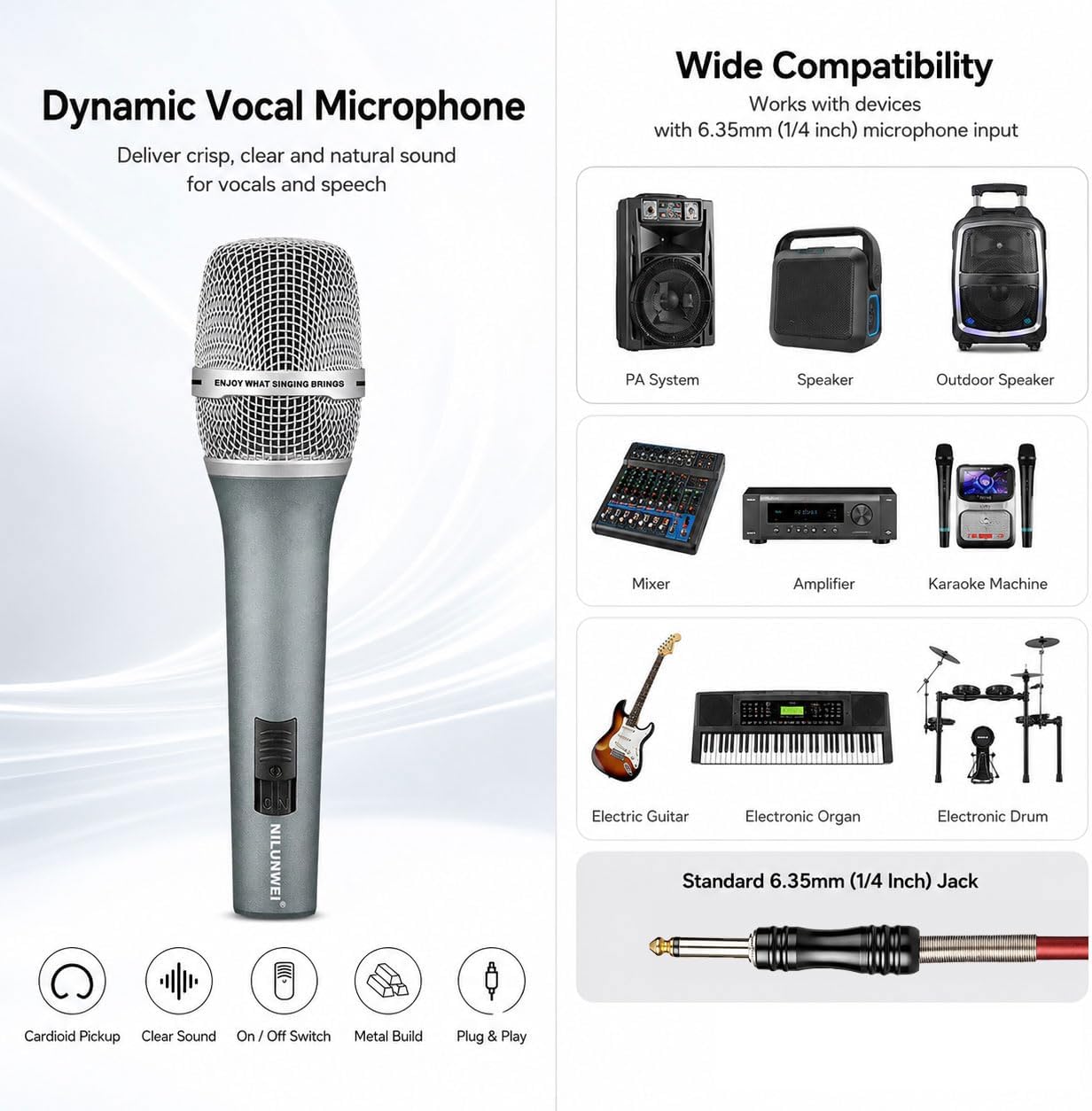 Dynamic Microphone - Heart shaped Directional Wired Microphone, used as a vocal microphone for live sing, with 14 foot XLR to 1/4 inch audio cable, desktop tripod, extension pole, Mic storage bag