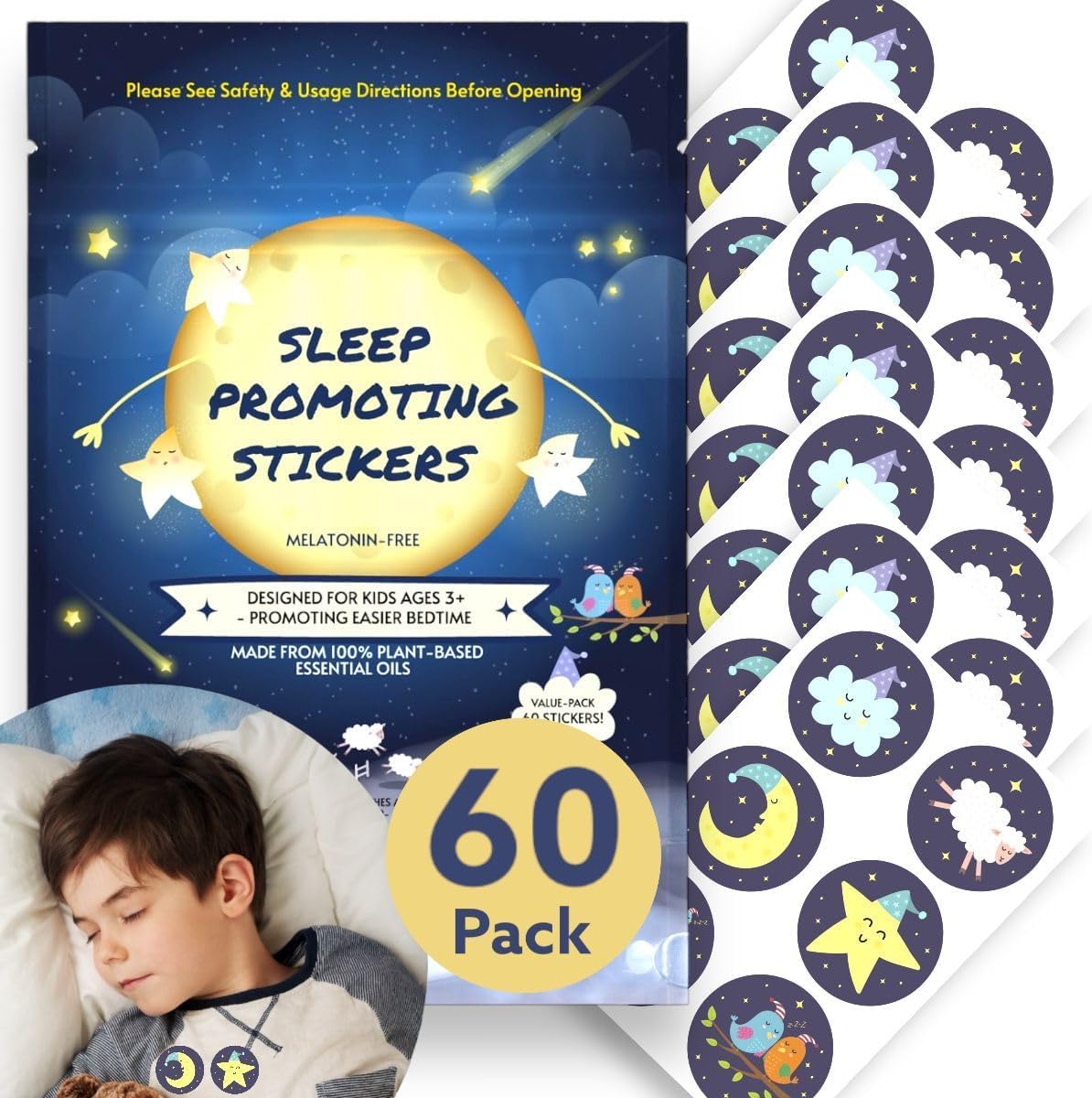 60Pcs Sleep Patches for Kids and Adults - Melatonin Free Sleep Aid with Natural Oils, Sleepy Bedtime Stickers, Zen Patch Set, Sleep Promoting Support
