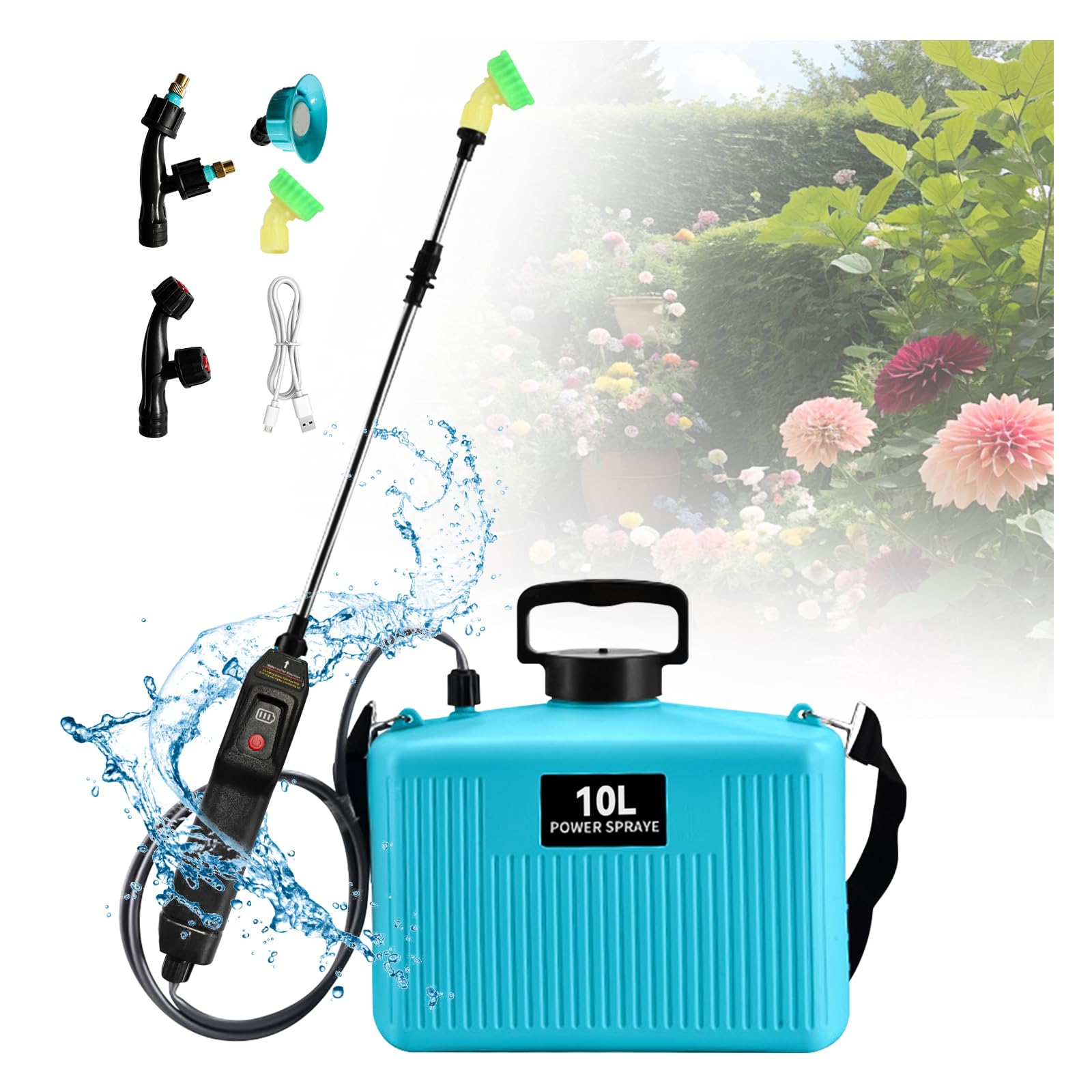 Pulverizador eléctrico de mochila de 10 L, con mango recargable por USB, 4000 mAh, con 4 boquillas
