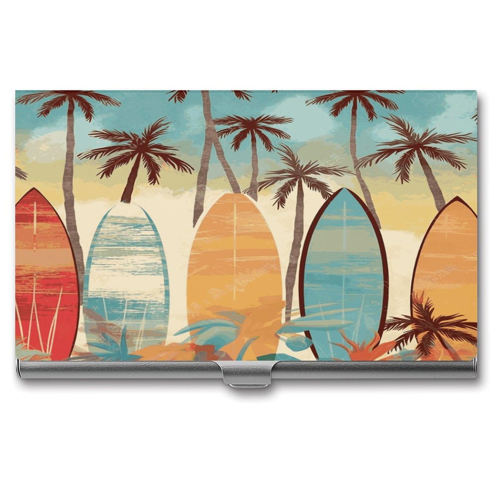 LDGSUPH Surfboard Palm Tree Business Card Holder Fashion Slim Name Card Holder Minimalist Design Case Metal Card Carrier Personalized Business Card Case with Flip for Men Women