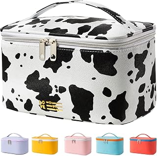 KITENROM Cute Cow Print Waterproof Makeup Bag with Brush Holder - Portable Travel Cosmetic Organizer for Women