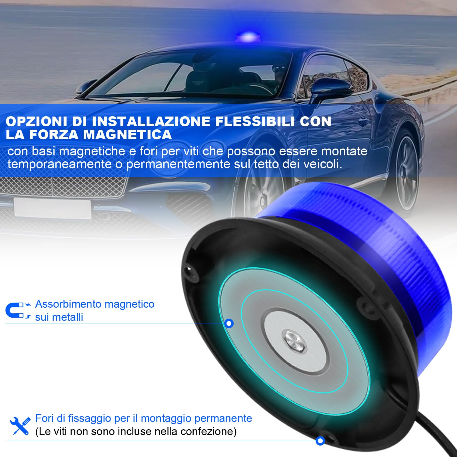 antom lampeggiante blu,12V-24V LED lampeggiante led 9 Modalità Luce LED Stroboscopica Impermeabile con 3m Cavo Alimentazione Base Magnetica Lampeggiante Auto per Camion Trattore