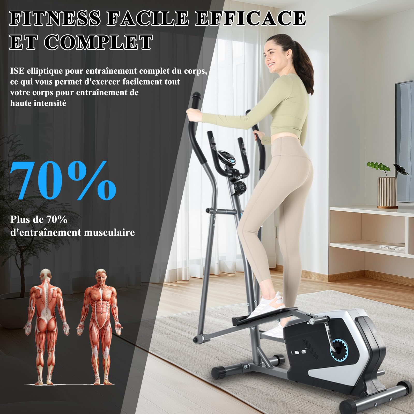 ISE Vélo Elliptique d'Appartement, Crosstrainer Adulte Magnétique, Vélos Elliptiques Ecran LCD/Impulsion, Velo Elliptique d'Appartement 8 Niveaux Résistance, Elliptique Volant d’Inertie de 8KG