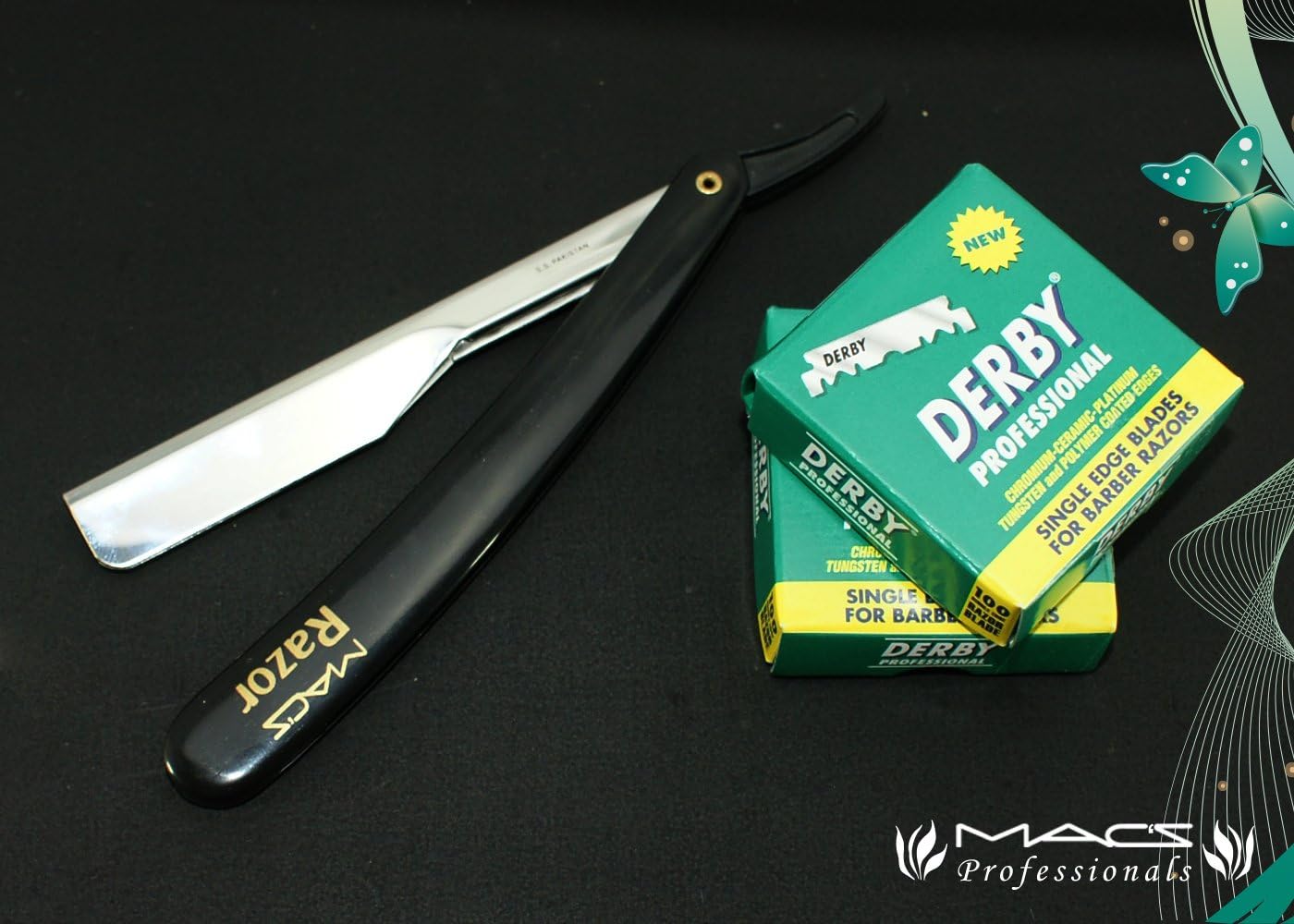 Macs Professional Black Plastic Handle Barber Shaving Half Blade Barber Safety Razor with Hi-Chromium Derby 200 Count Double Edge Half Blades Made of Stainless Steel Easy to Replace-092B2