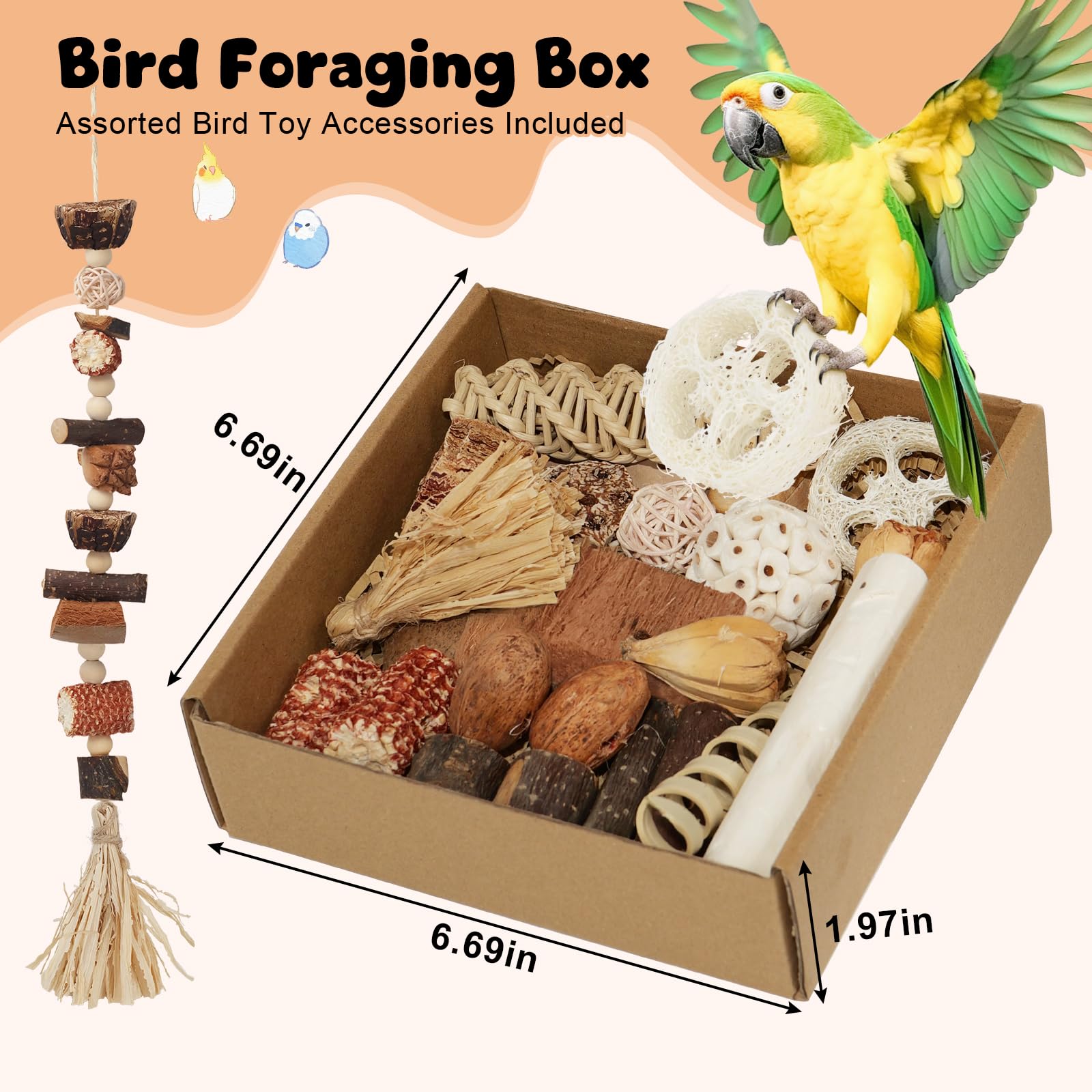Juguetes para pájaros, caja de forraje natural para loros, juguetes para periquitos, cuerda colgante para cacatúas, conures, pájaros amorosos y otros accesorios de jaula de pájaros pequeños a