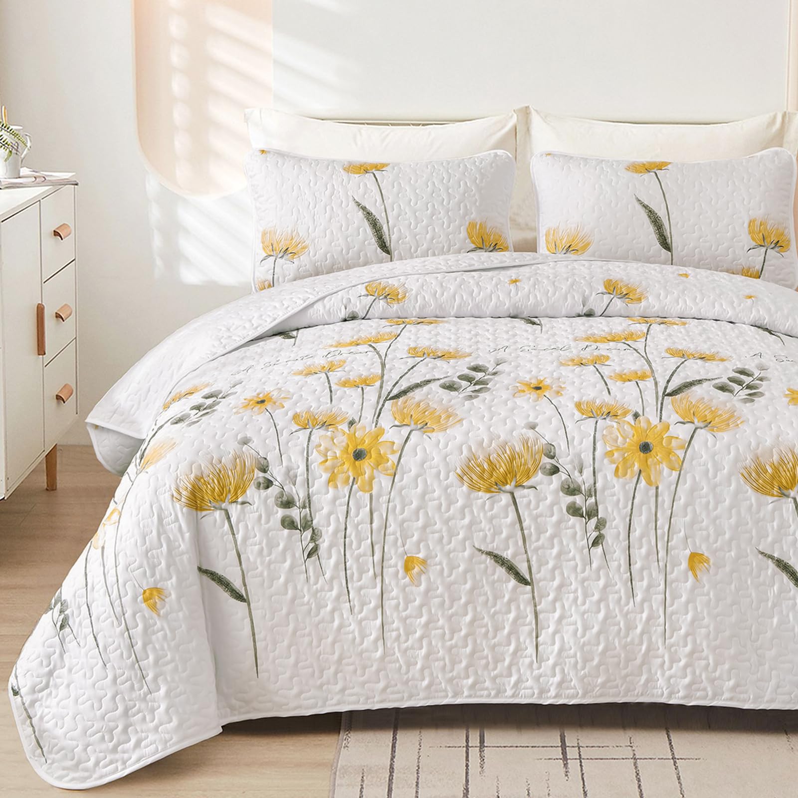 Dinjoy Quilt Set Queen Cute Floral Bedspread Coverlet Yellow Flower Quilts Microfiber Lightweight Summer Bedding Sets Reversible Soft Quilted Bed Cover for All Season(96"x90")