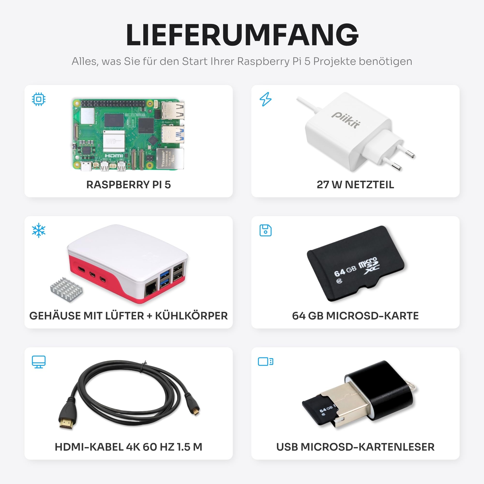 Starter-Set für Raspberry Pi 5 4 GB | 64 GB MicroSD-Karte | 27 W Netzteil | Gehäuse mit integriertem Lüfter und Kühlkörper | 4K 60 Hz Micro-HDMI-Kabel