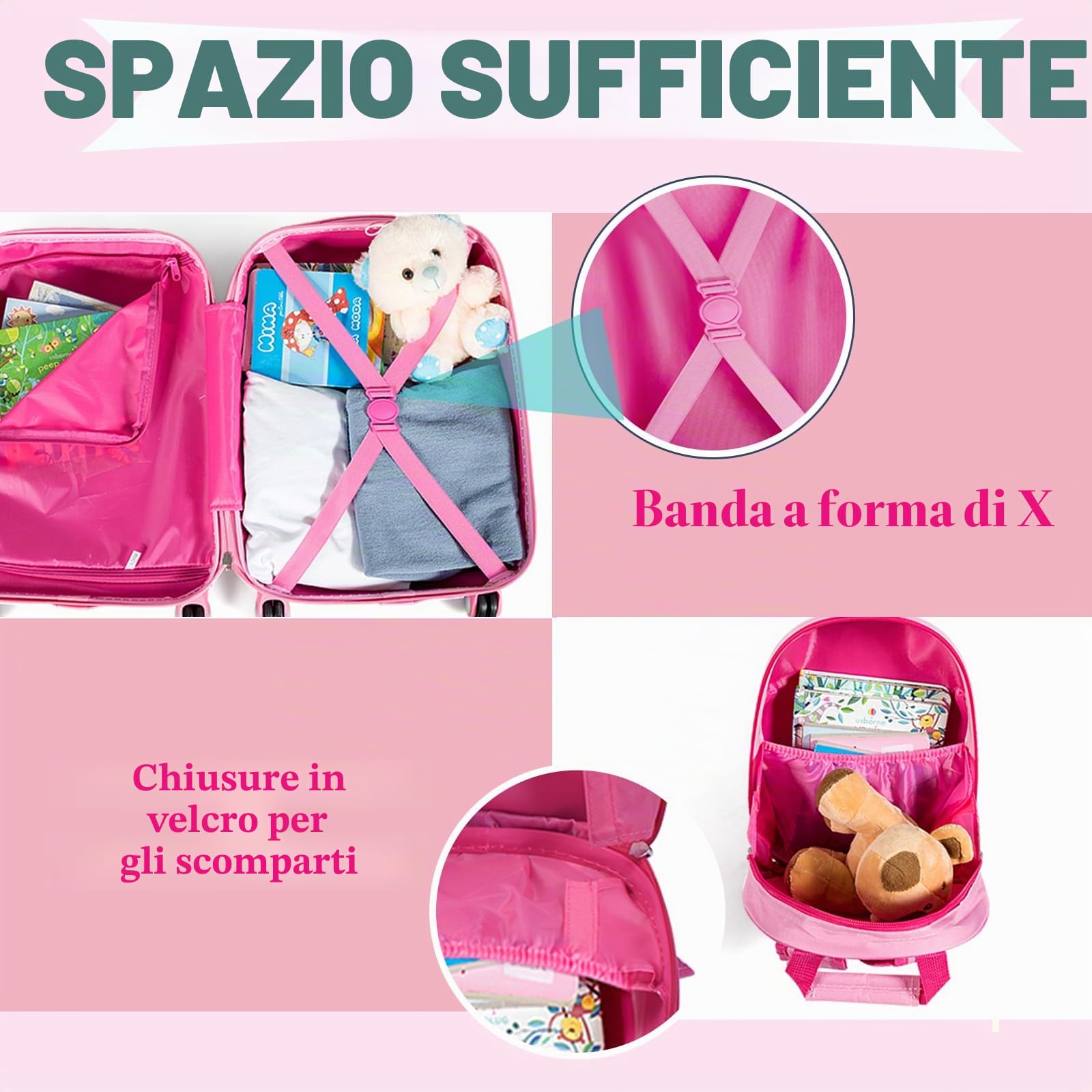 SOARS Set di Valigia 18’’ + Zaino 12’’ per Bambini 2 Pezzi, Bagagli 2-in-1 con Zainetto da Viaggio Aereo, Trolley con Maniglia Telescopica e 4 Ruote a 360° (Rosa Sirena)