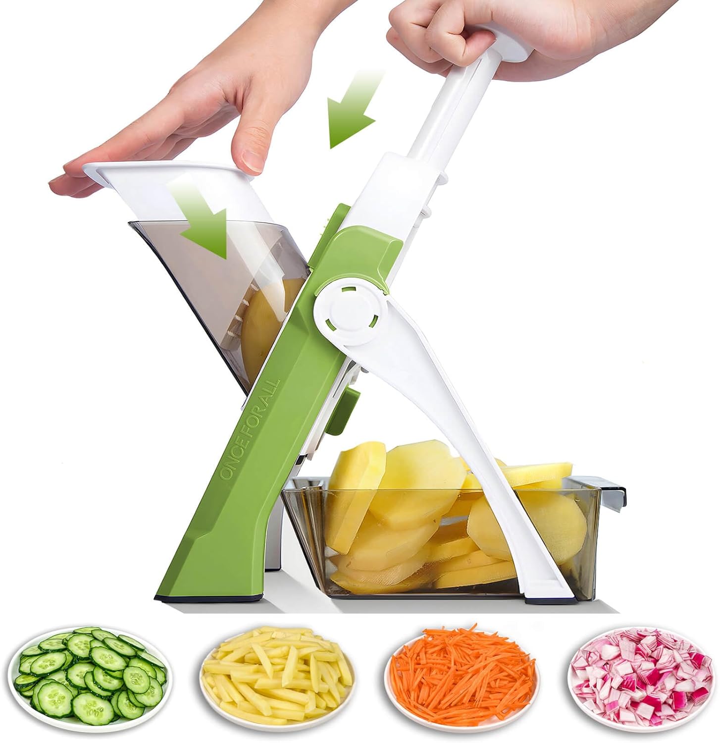 Safe Mandoline Slicer for Kitchen, Professional Vegetable Chopper With Container, Onion Chopper/Potato Slicer, More with 30+ Presets & Thickness Adjuster, Faster Food Chopper Gadgets – Green