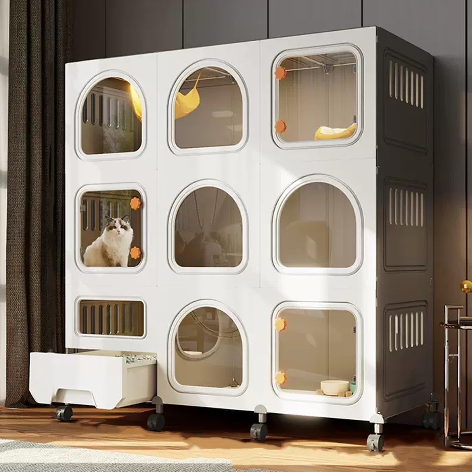 Maison pour chat métallique pliable avec parc de jeu sur roulettes
